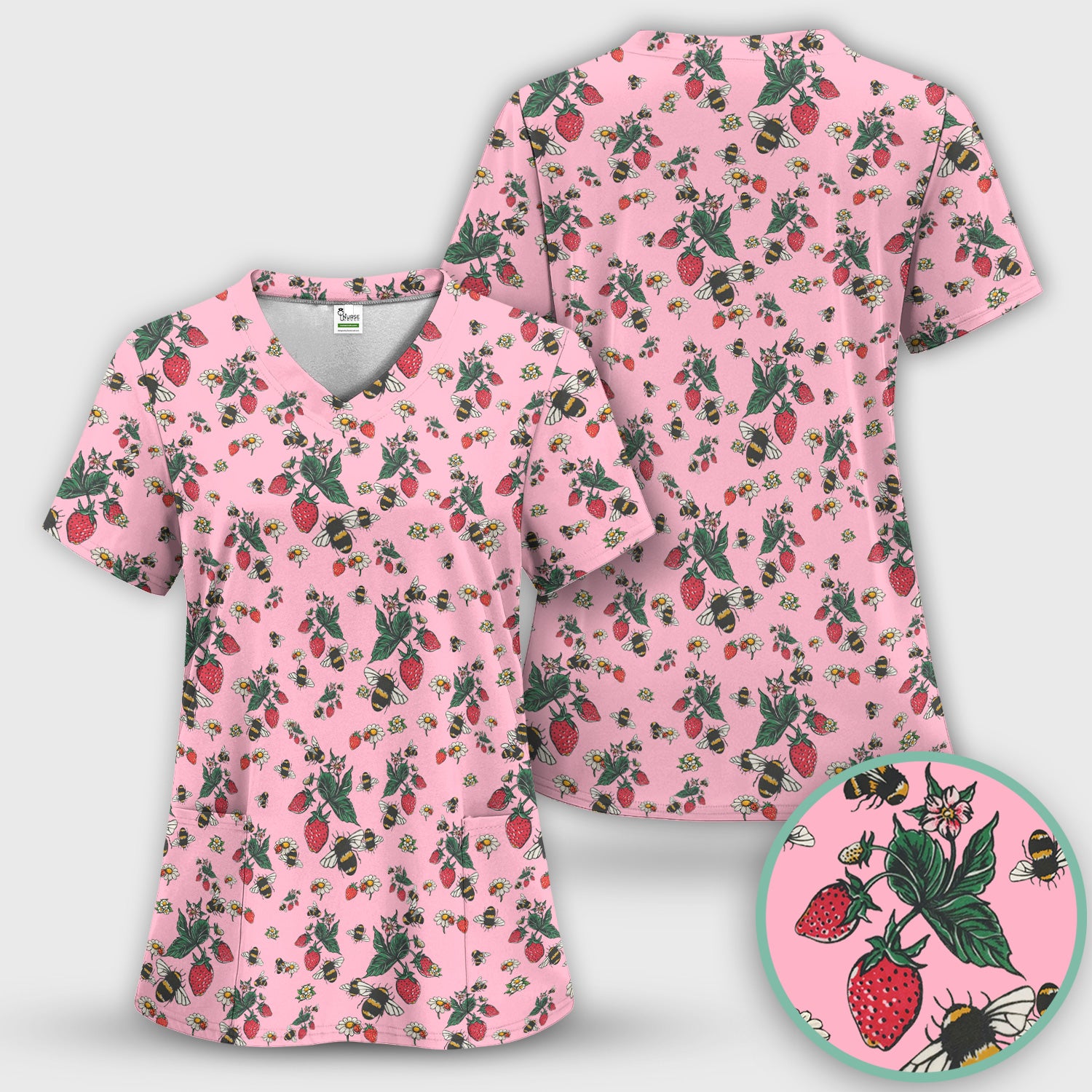 Cute Strawberry Bee Daisy Floral Pattern Scrub Set, Scrub Pants and V Neck Top