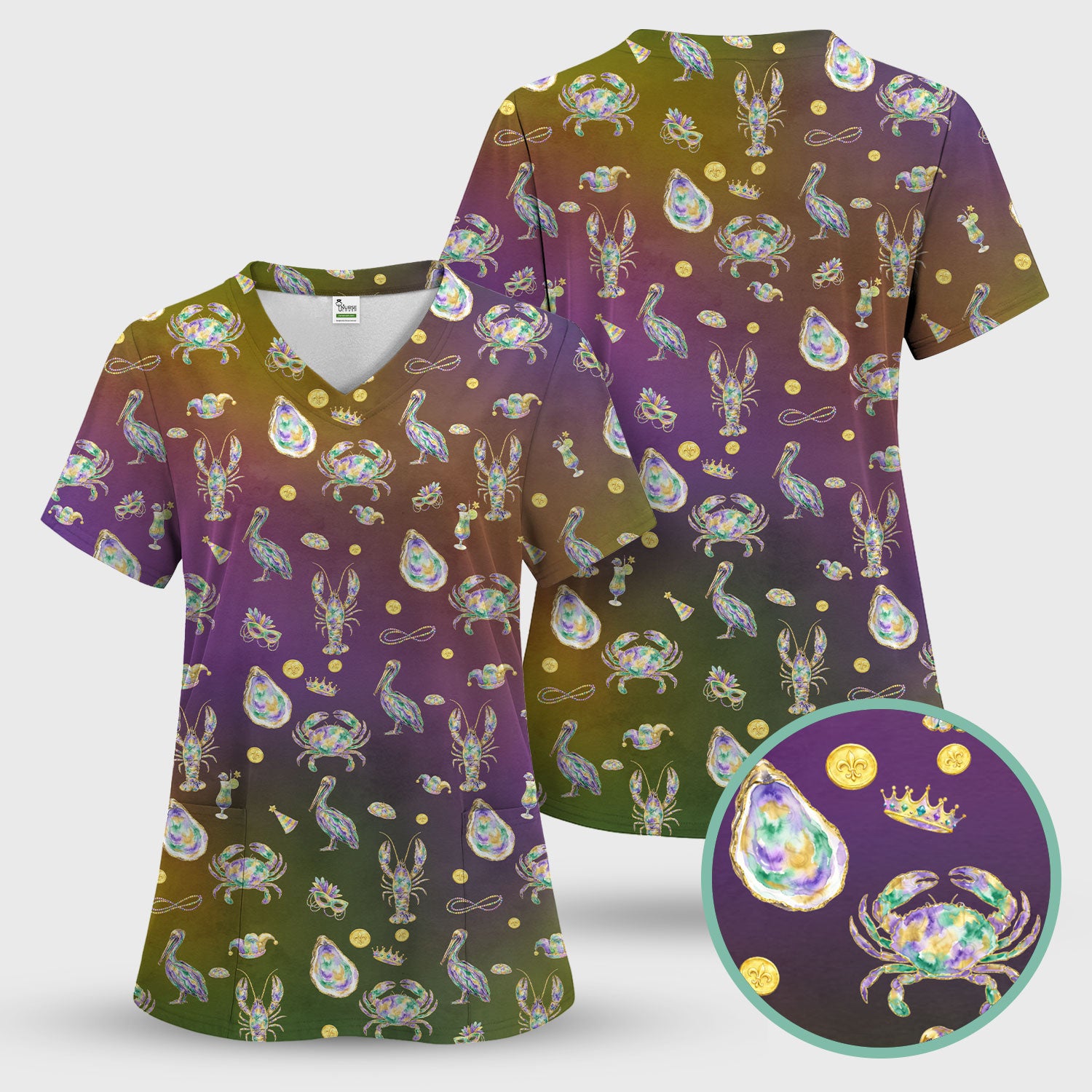 Mardi Gras Seafood Nurse Scrub Set, Comfortable Uniform Scrubs For Nursing