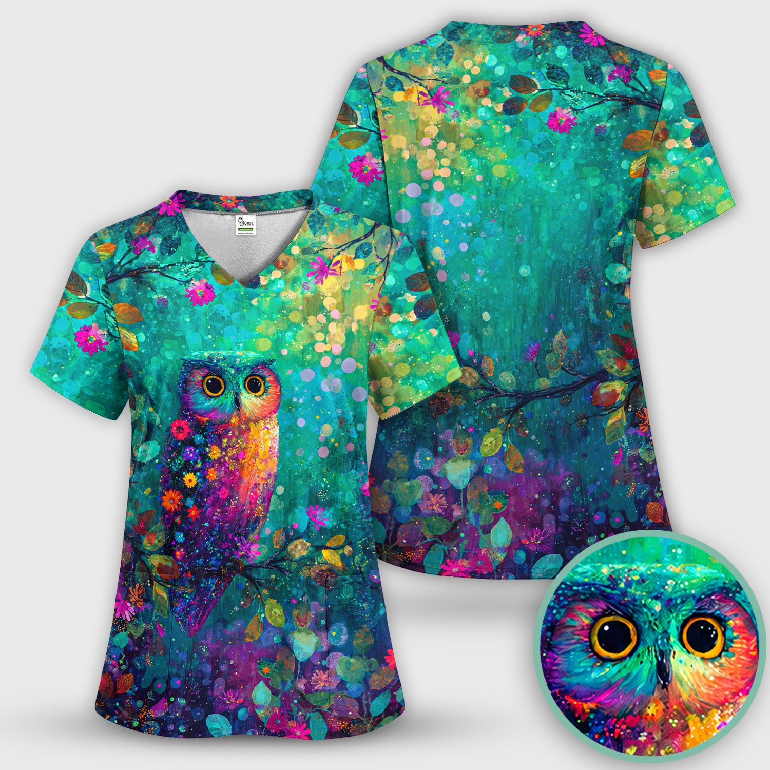 Vibrant Neon Owl Pattern, Colorful Forest Medical Scrub Set, Scrub Pants and V Neck Top