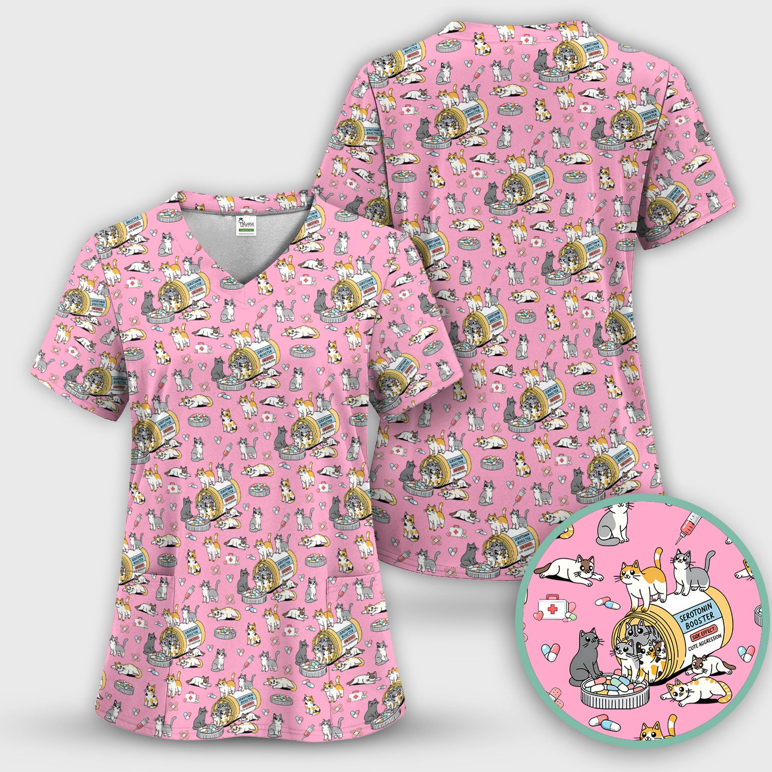 Cute Cat Serotonin Booster Pattern Scrub Top, Comfortable Scrubs for Nurses
