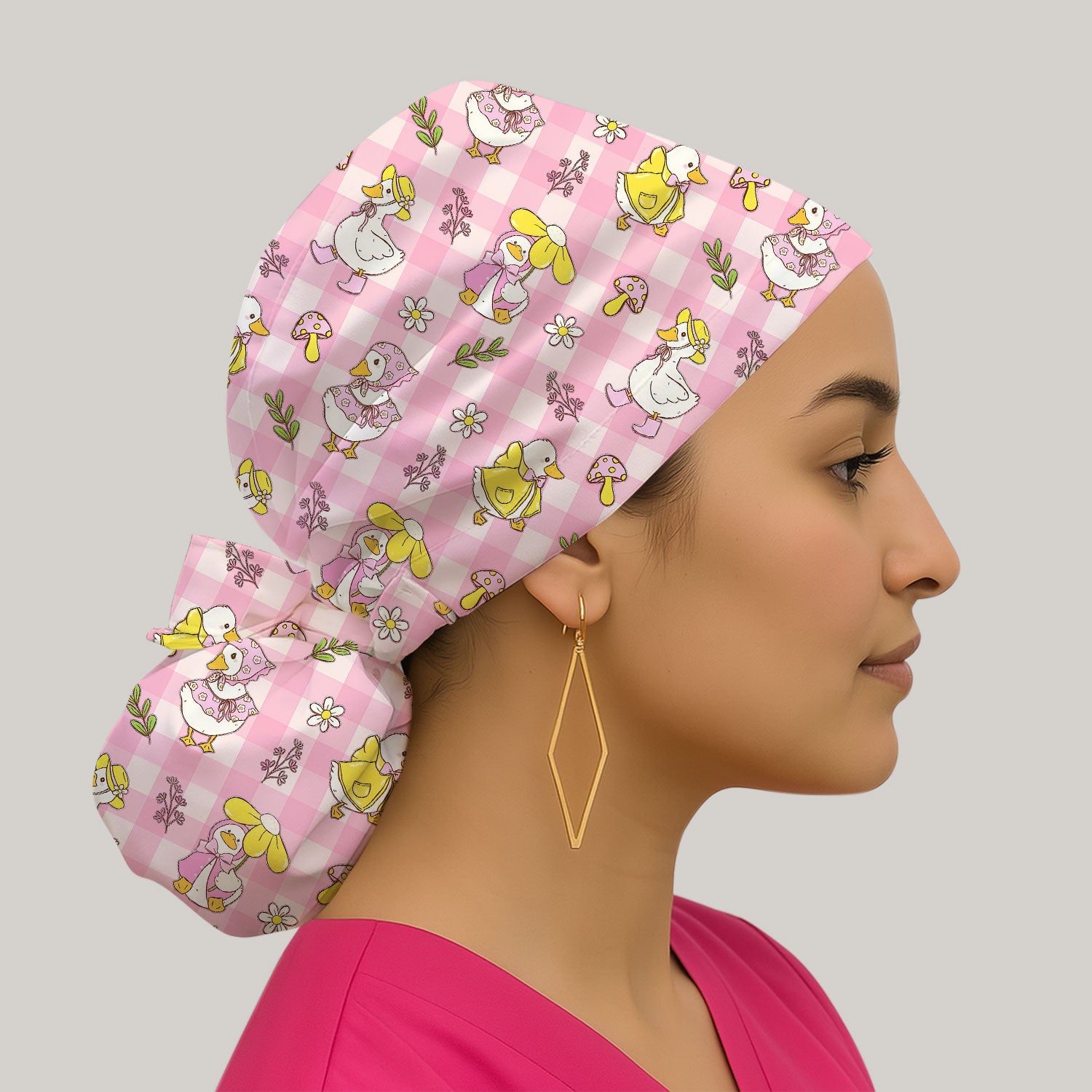 Cute Duck Outfit Gingham Pattern Scrub Cap, Bouffant Scrub Caps for Women