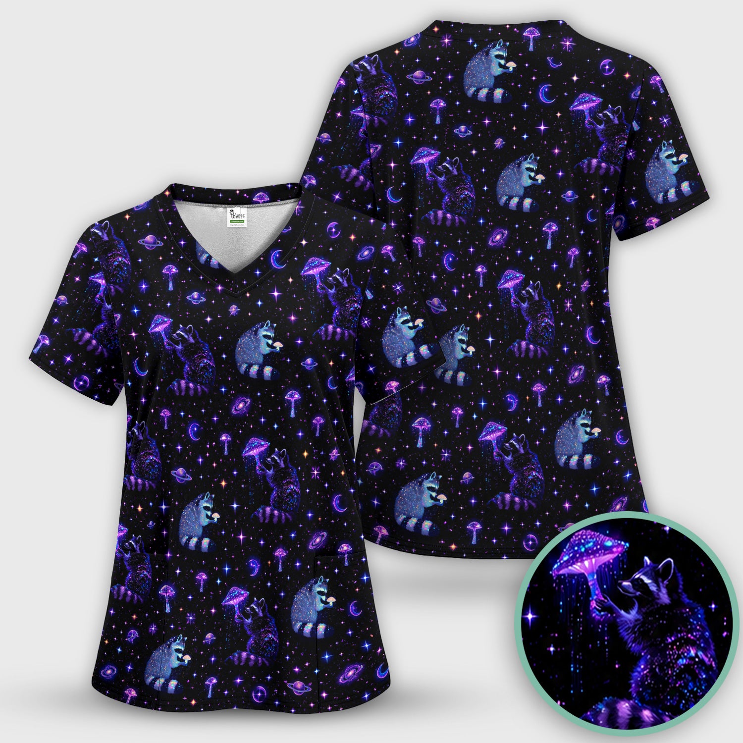 Cute Raccoon Mushroom Galaxy Pattern Scrub Top, Comfortable Scrubs for Nurses