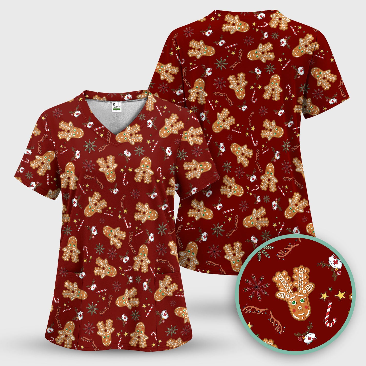 Gingerbread Cookies Reindeer Scrub Top - Funny Christmas Gingerbread Breathable Med Uniform - Comfortable Scrubs for RN CNA LPN