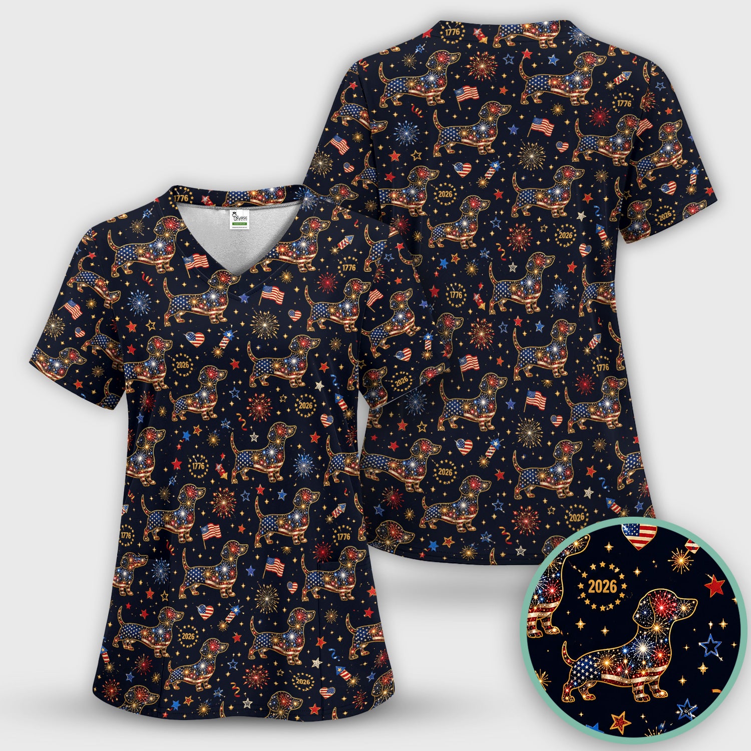 Patriotic Dachshund Fourth Of July Scrub Top, Comfortable Scrubs for Nurses