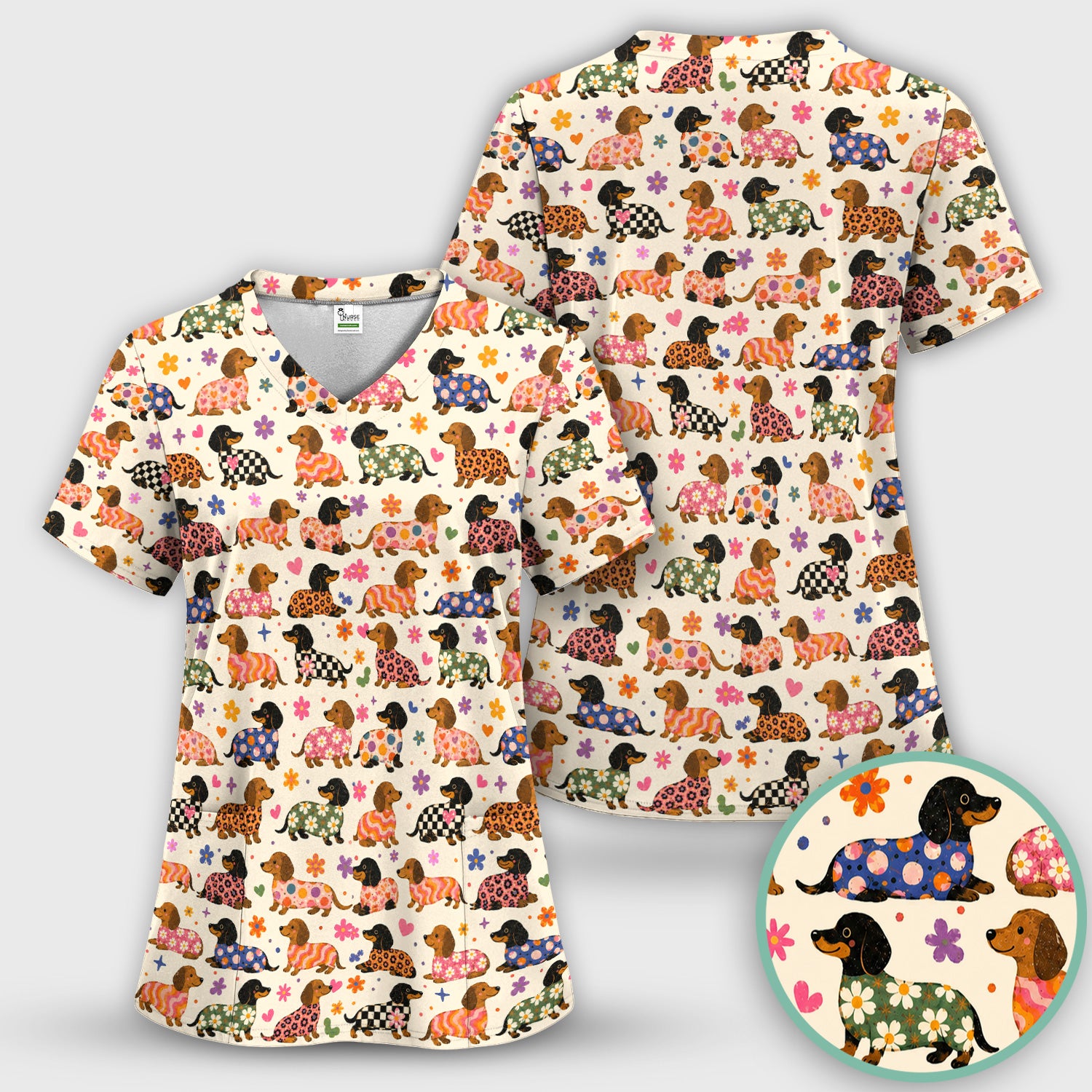 Floral Dachshund Print Scrub Set, Scrub Pants and V Neck Top