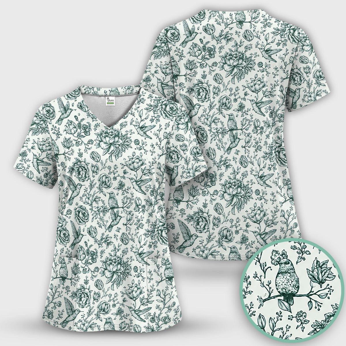 Vintage Hummingbird Pattern Scrub Set, Scrub Pants and V Neck Top