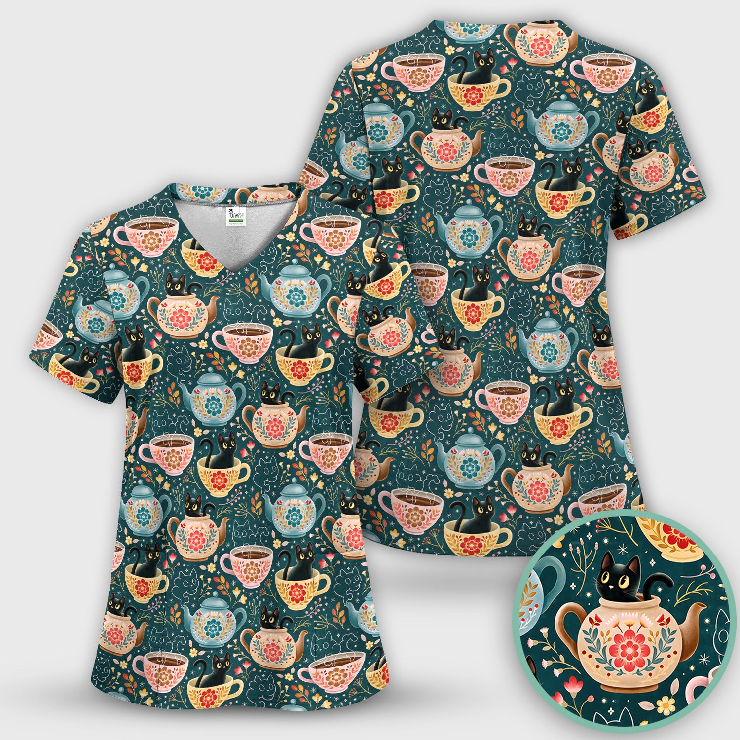 Black Cat Tea Party Veterinary Pattern Scrub Set, Scrub Pants and V Neck Top