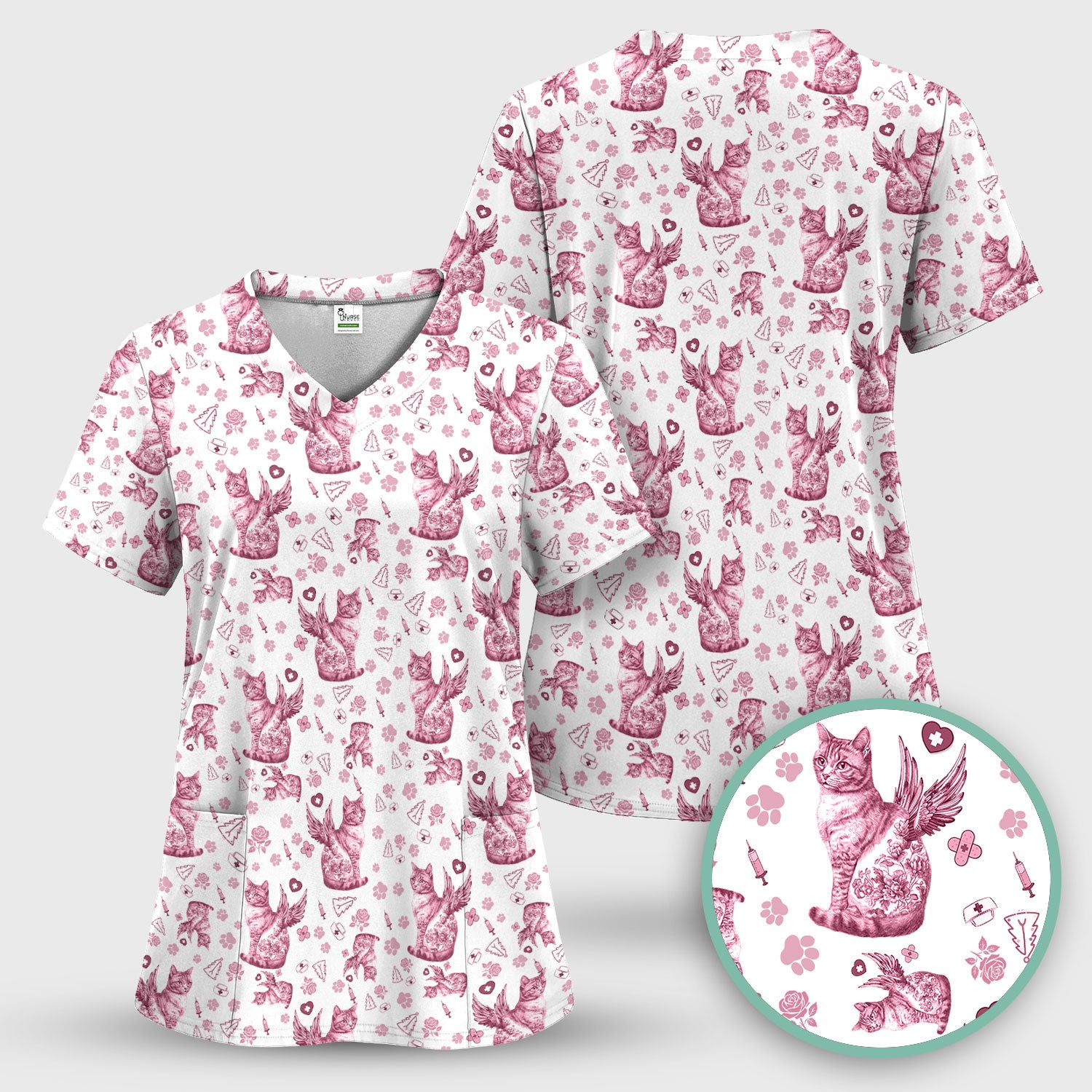 Toile de Jouy Cat Angel Scrub Top - Blue Vintage Nurse Shirt - French Style Medical Uniform for Women RN LPN CNA Gift