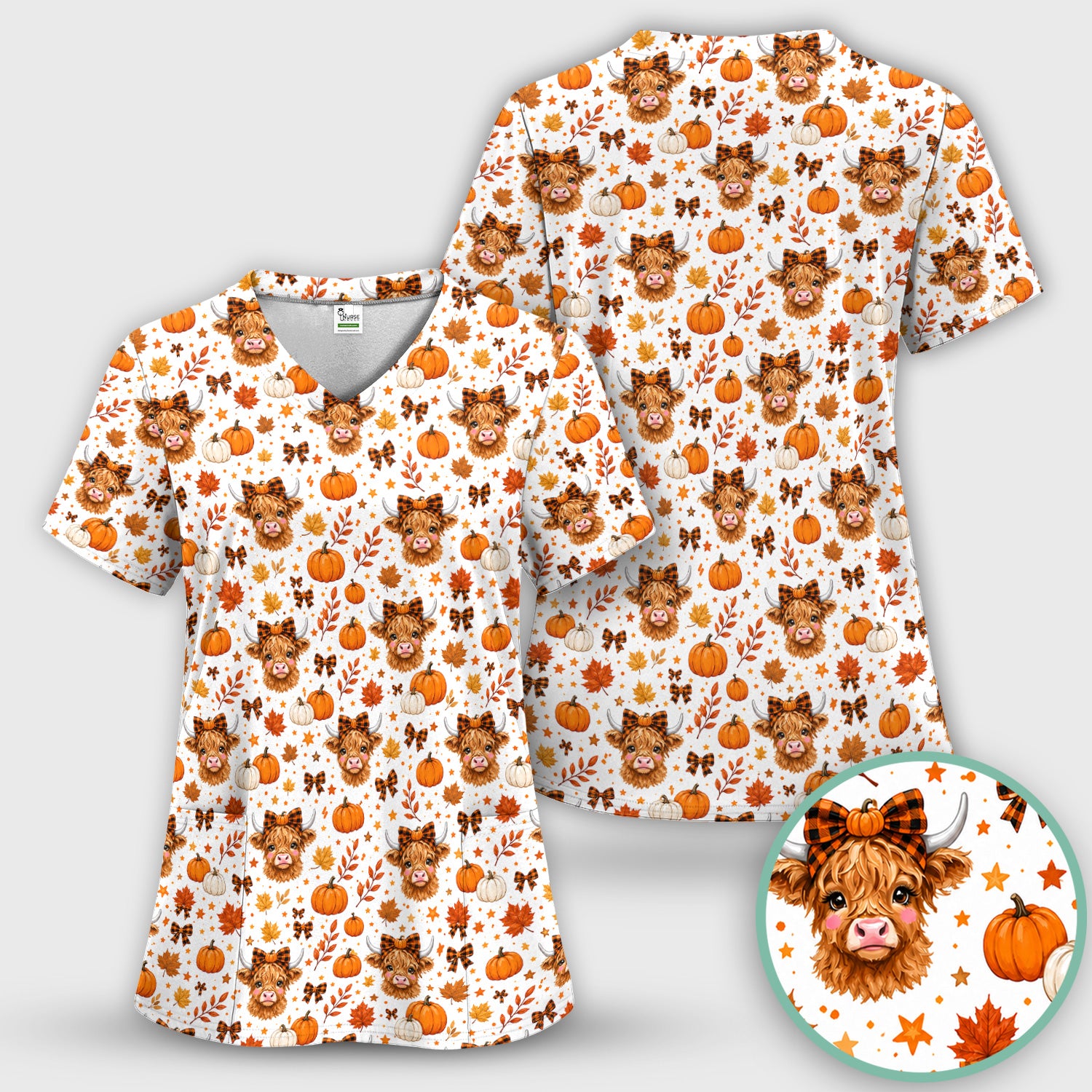 Cute Fall Highland Cow Scrub Top, Comfortable Scrubs for Nurses