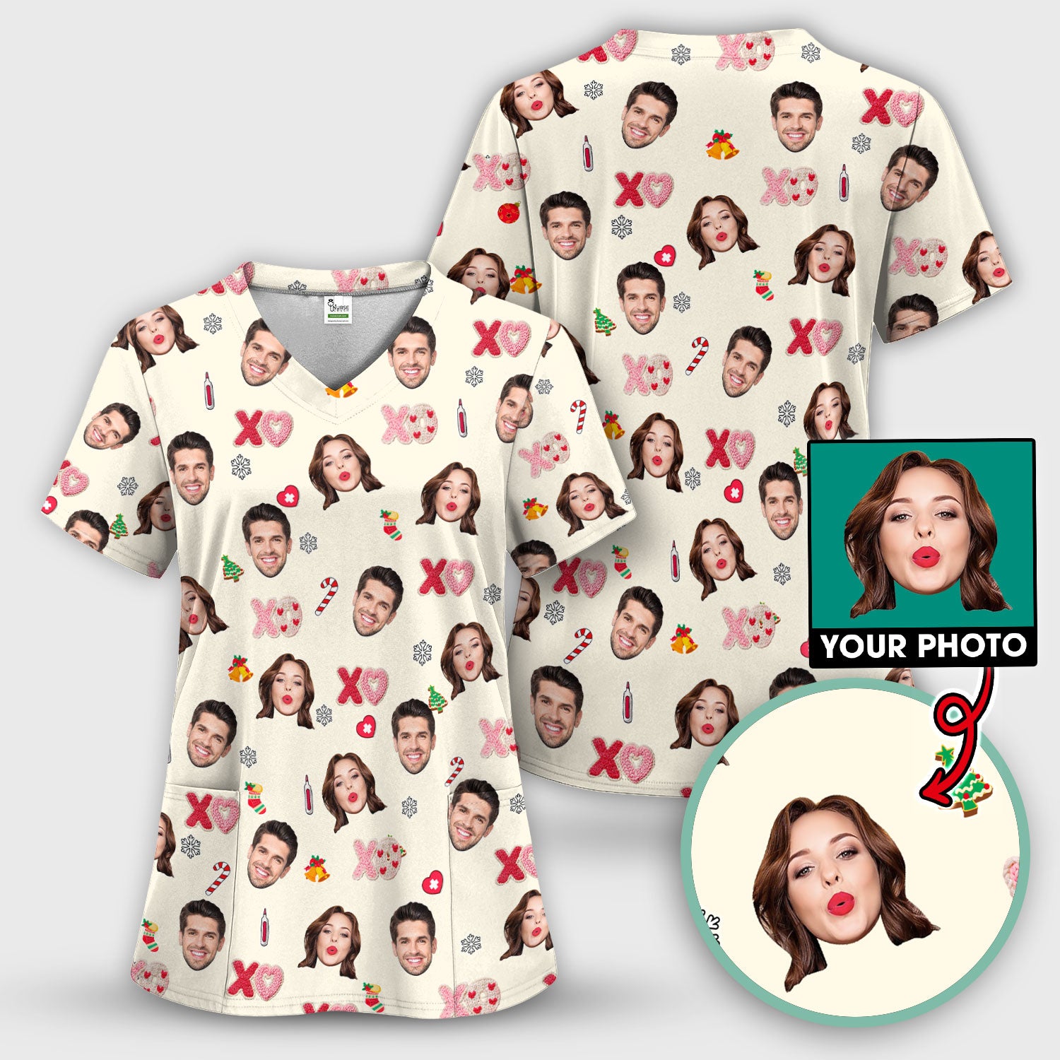 Personalized Photo Scrub Top, Custom Face XOXO Scrub Shirt, Breathable Fabrics Nursing Uniform