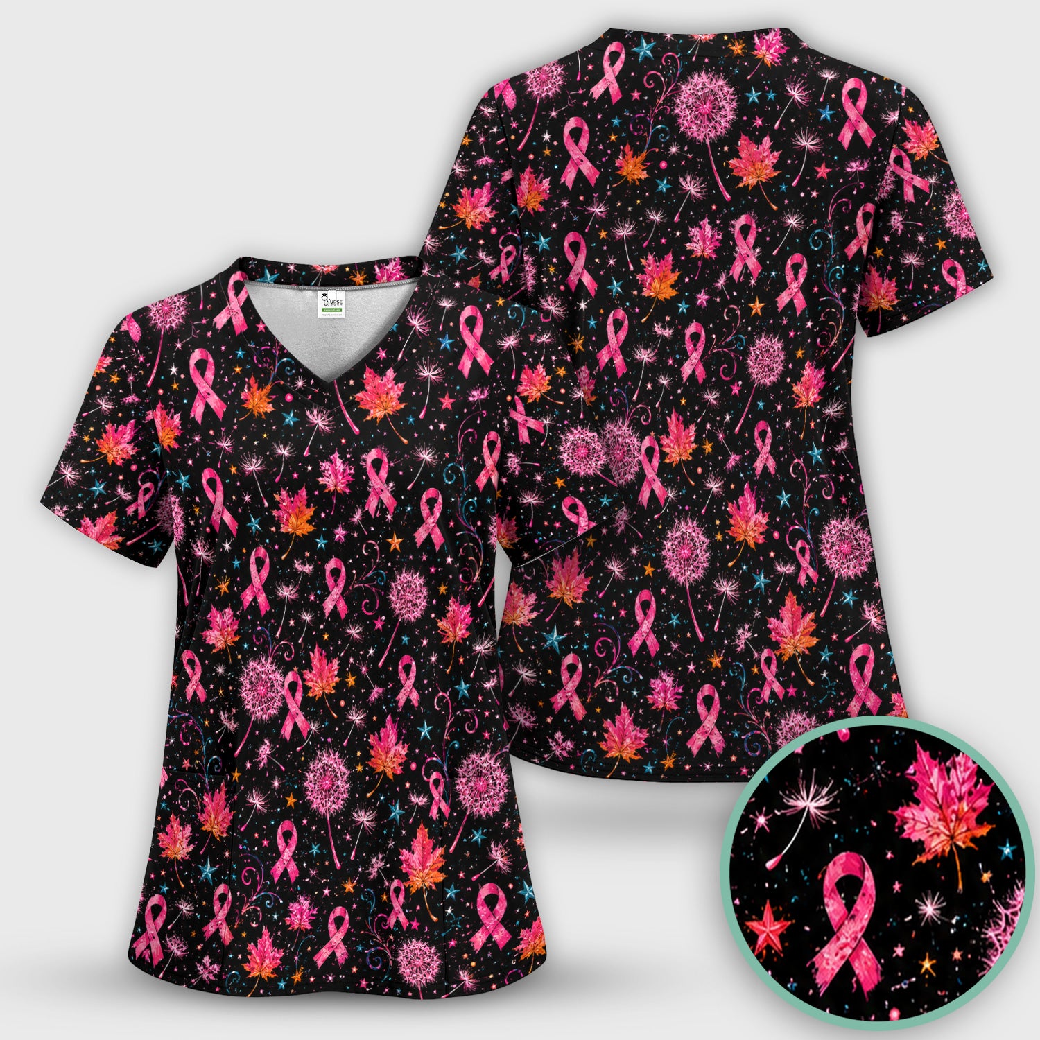 Breast Cancer Awareness Pink Ribbon Fall Scrub Set, Scrub Pants and V Neck Top