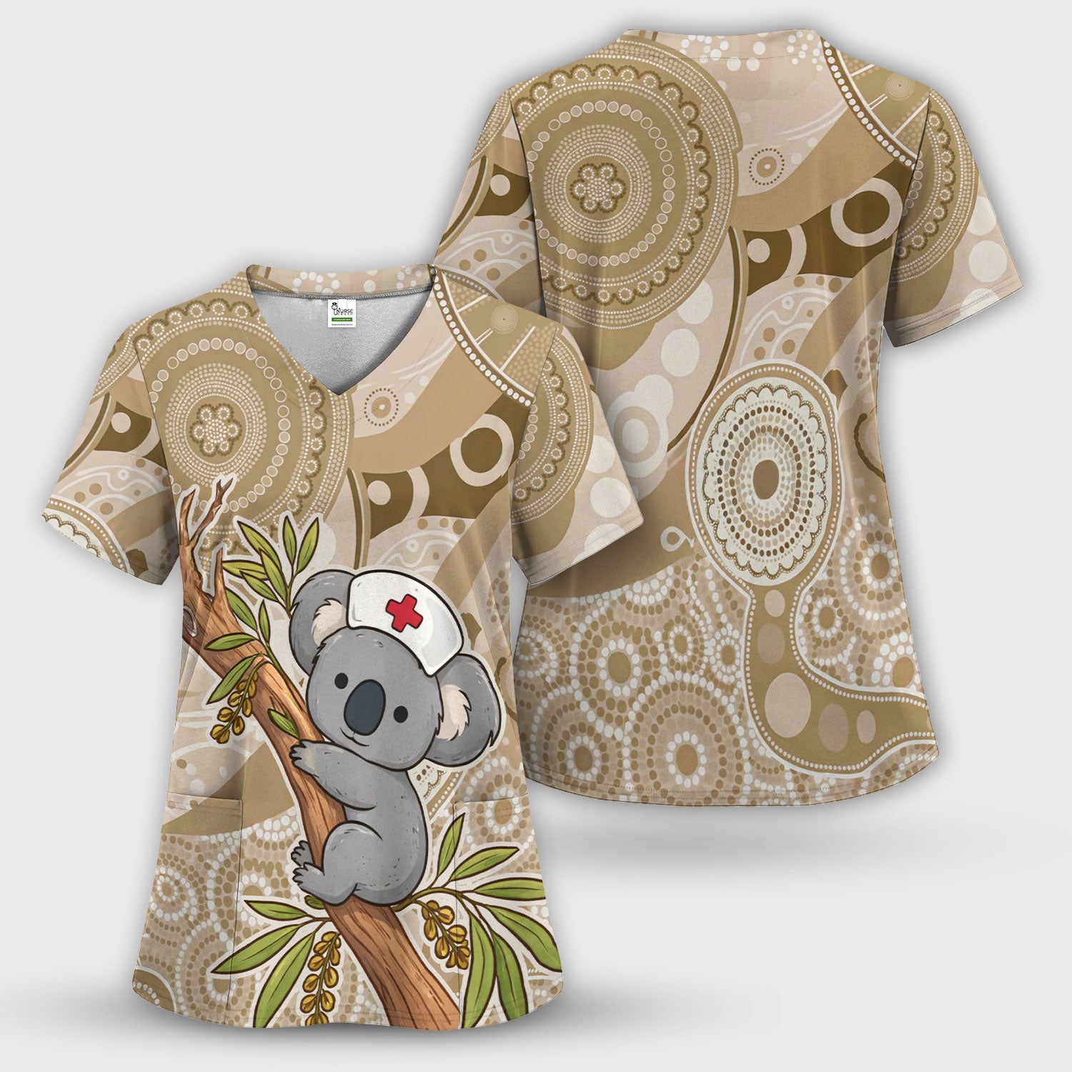 Australian Indigenous Inspired Dot Art Scrub Top, Cute Koala Pattern Nurse Shirt, Comfortable Scrubs For Nursing