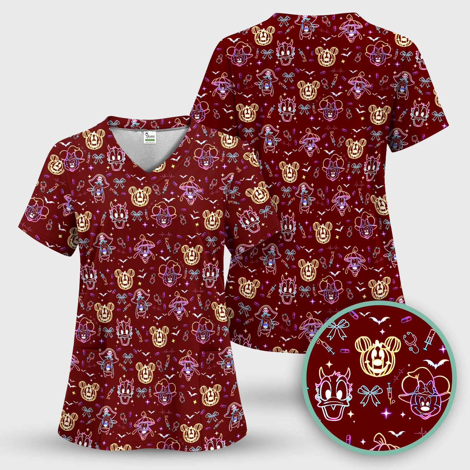 Neon Mouse Halloween Scrub Top for Nurses - Spooky Faces and Scary Pumpkin Shirt - Funny Med Uniform Gift for Women