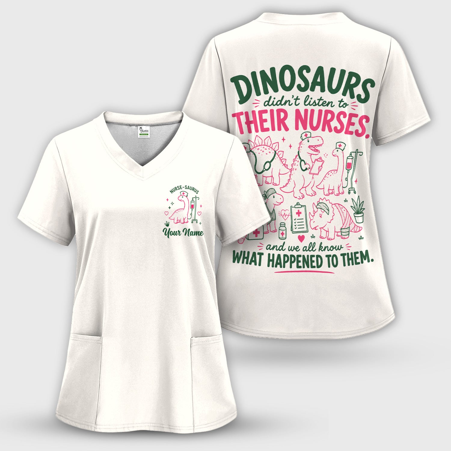 Personalized Cute Nurse-Saurus with Dinosaur Quote Scrub Top, Comfortable Scrubs for Nurses