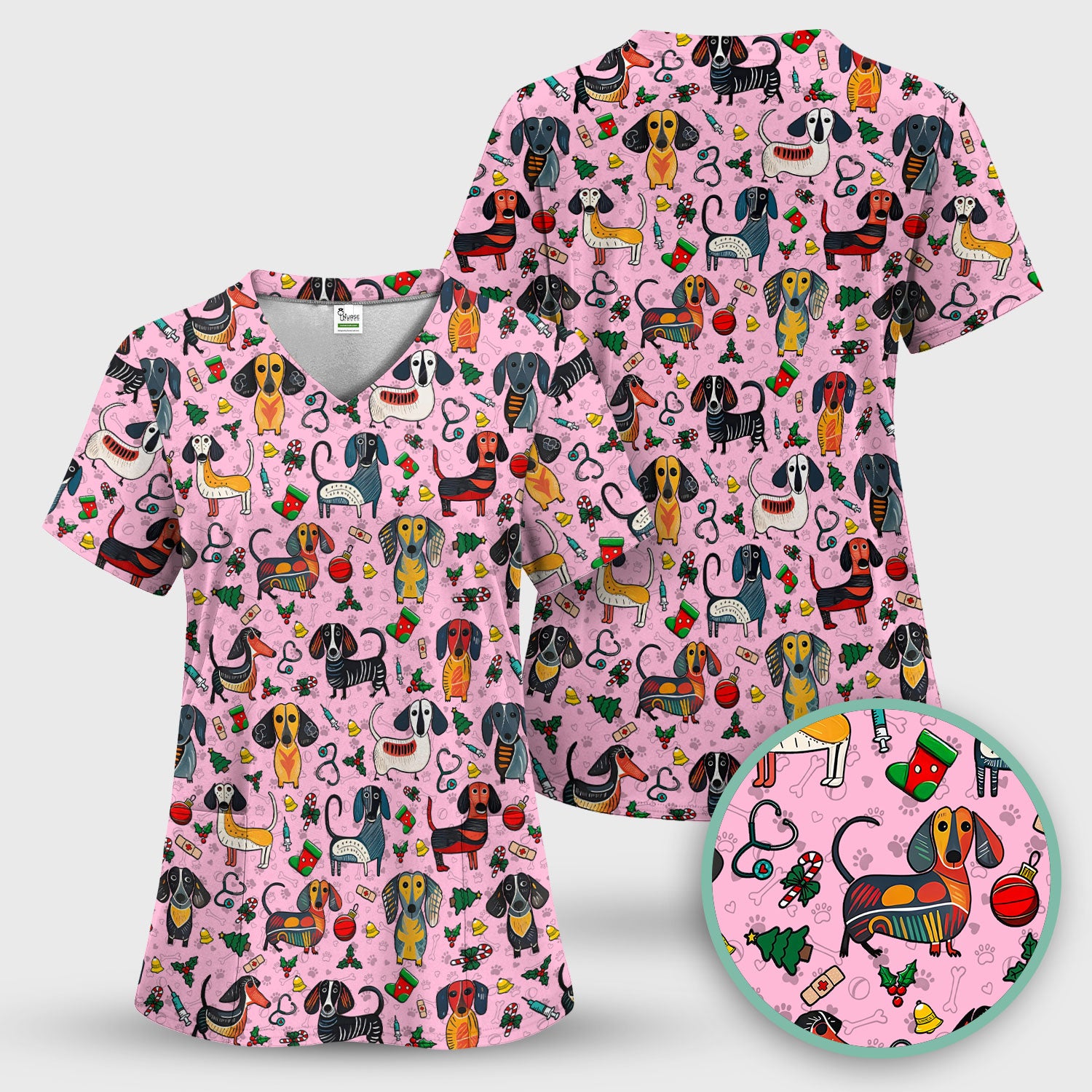 Christmas Wiener Dog Scrub Top - Funny Sausage Dog Nurse Shirt for Women - Holiday Medical Uniform