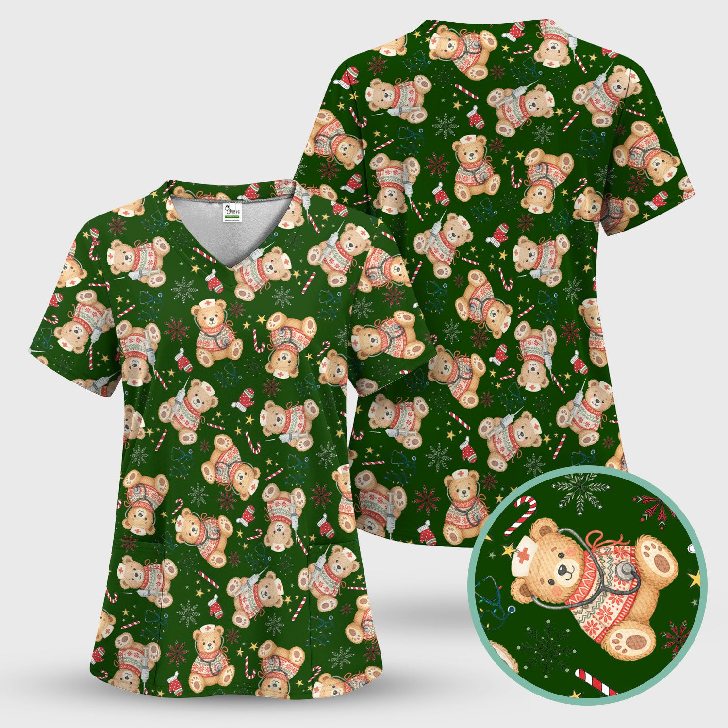 Holiday Teddy Bear Christmas Nurse Scrub - Cute Festive Medical Shirt for Women - Nursing Uniform Gift RN LPN CNA