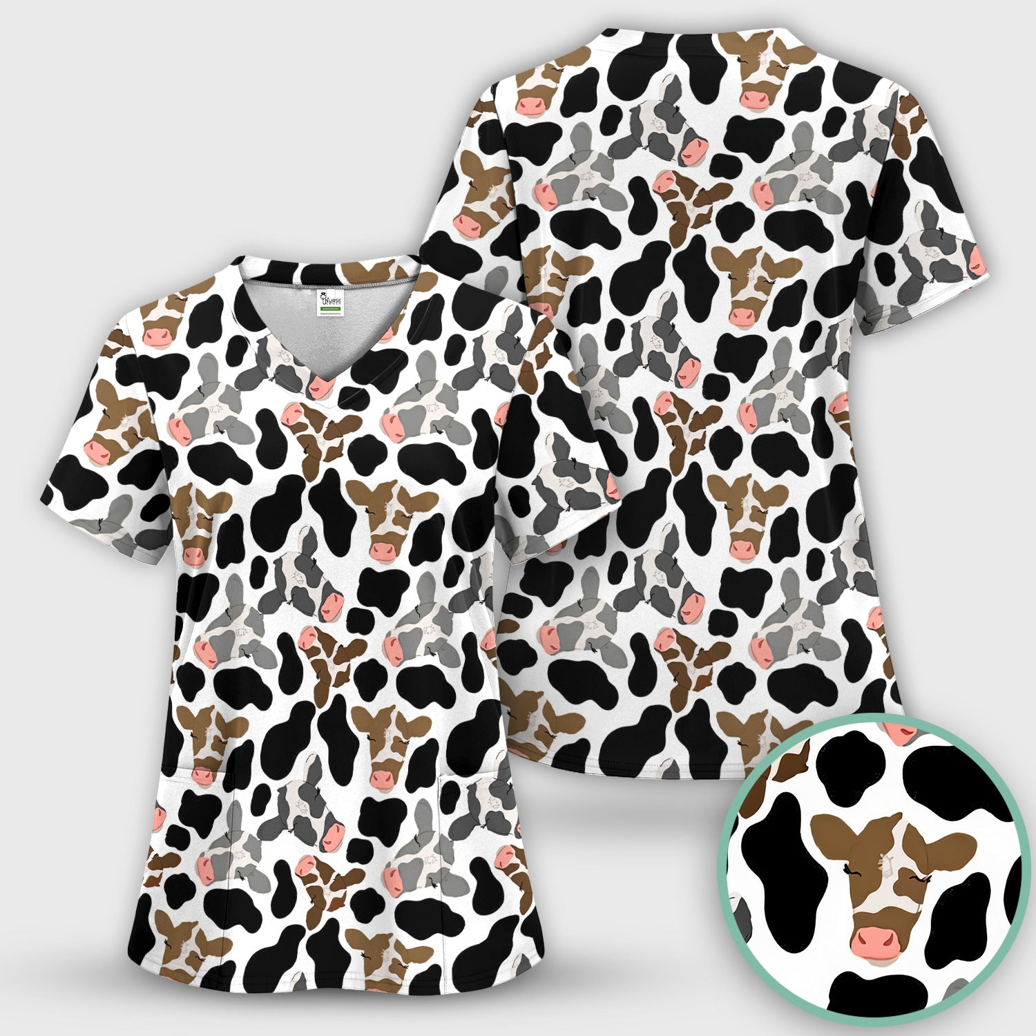 Cute Cow Face Black White Pattern Nurse Scrub Set, Scrub Pants and V Neck Top
