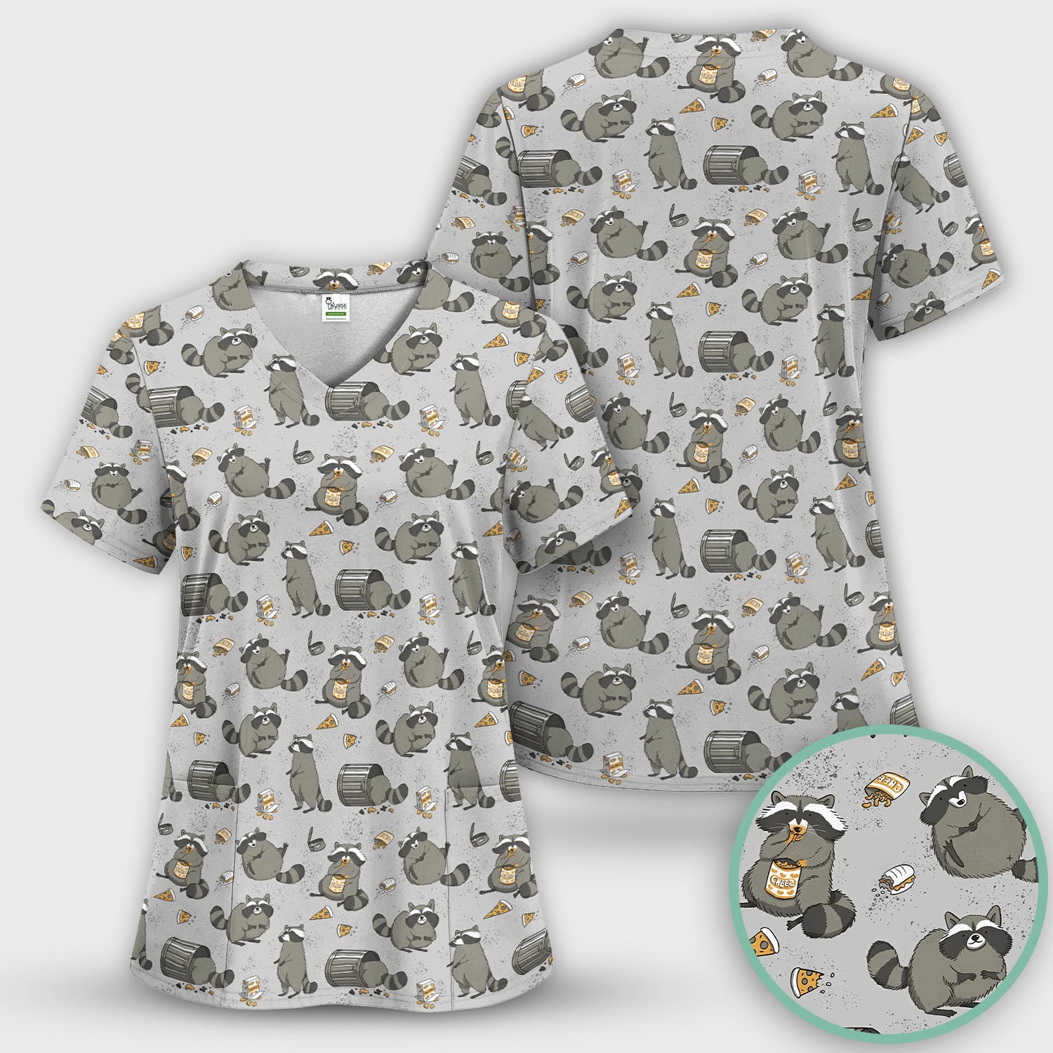 Raccoon Snack And Trash Can Pattern Scrub Set, Breathable Med Uniform