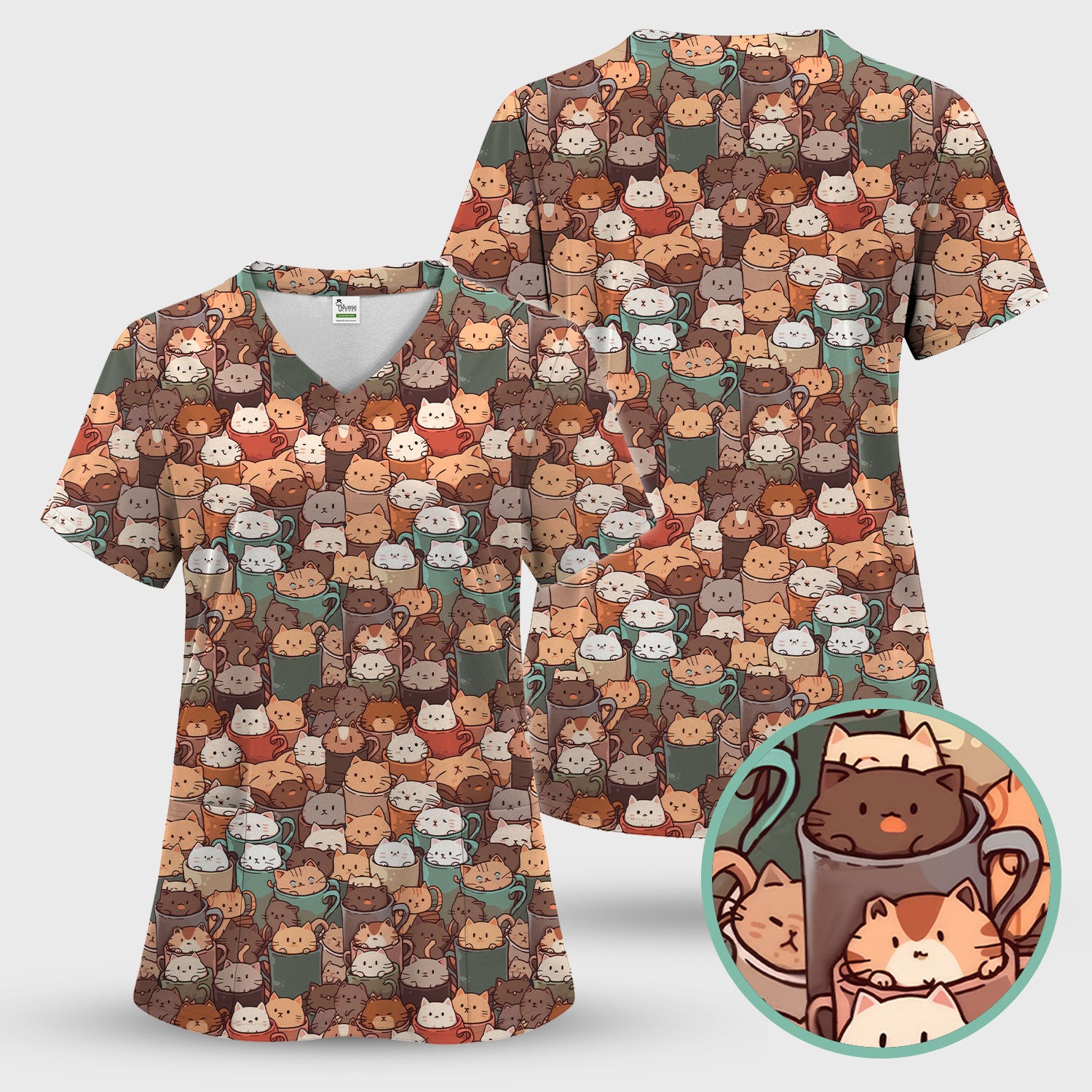Cute Coffee Cat Scrub Top, Cozy Kittens in Mug Pattern Nurse Shirt, Breathable Fabrics Nursing Uniform