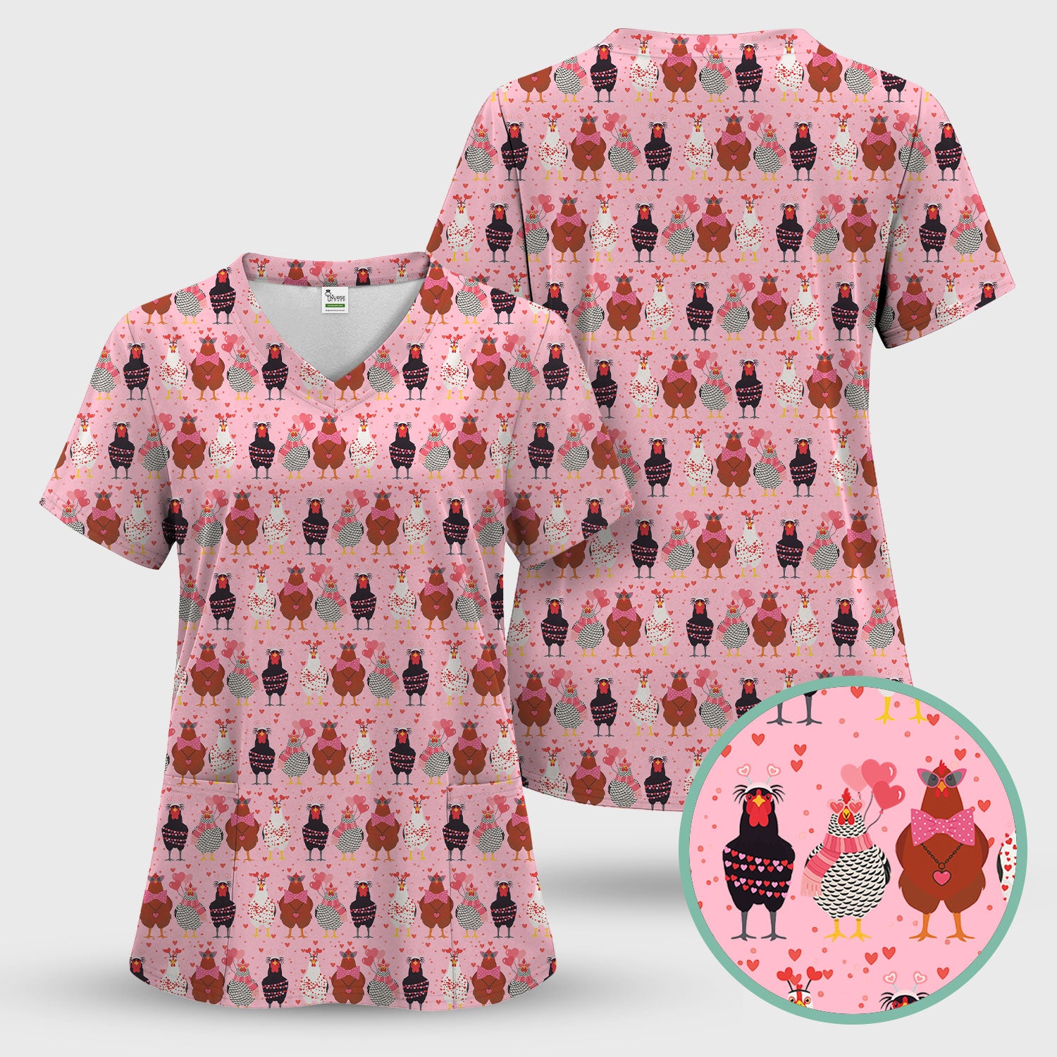 Funny Chicken Valentine Scrub Top, Chicken Pattern Scrub Shirt For Nursing, Valentine Gift For Nurse