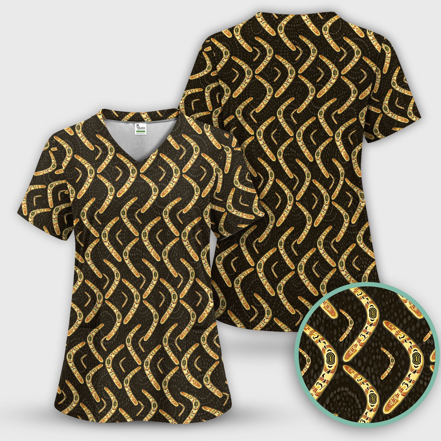 Aboriginal Boomerang Pattern Nurse Scrub Top, Breathable Fabrics Nursing Uniform