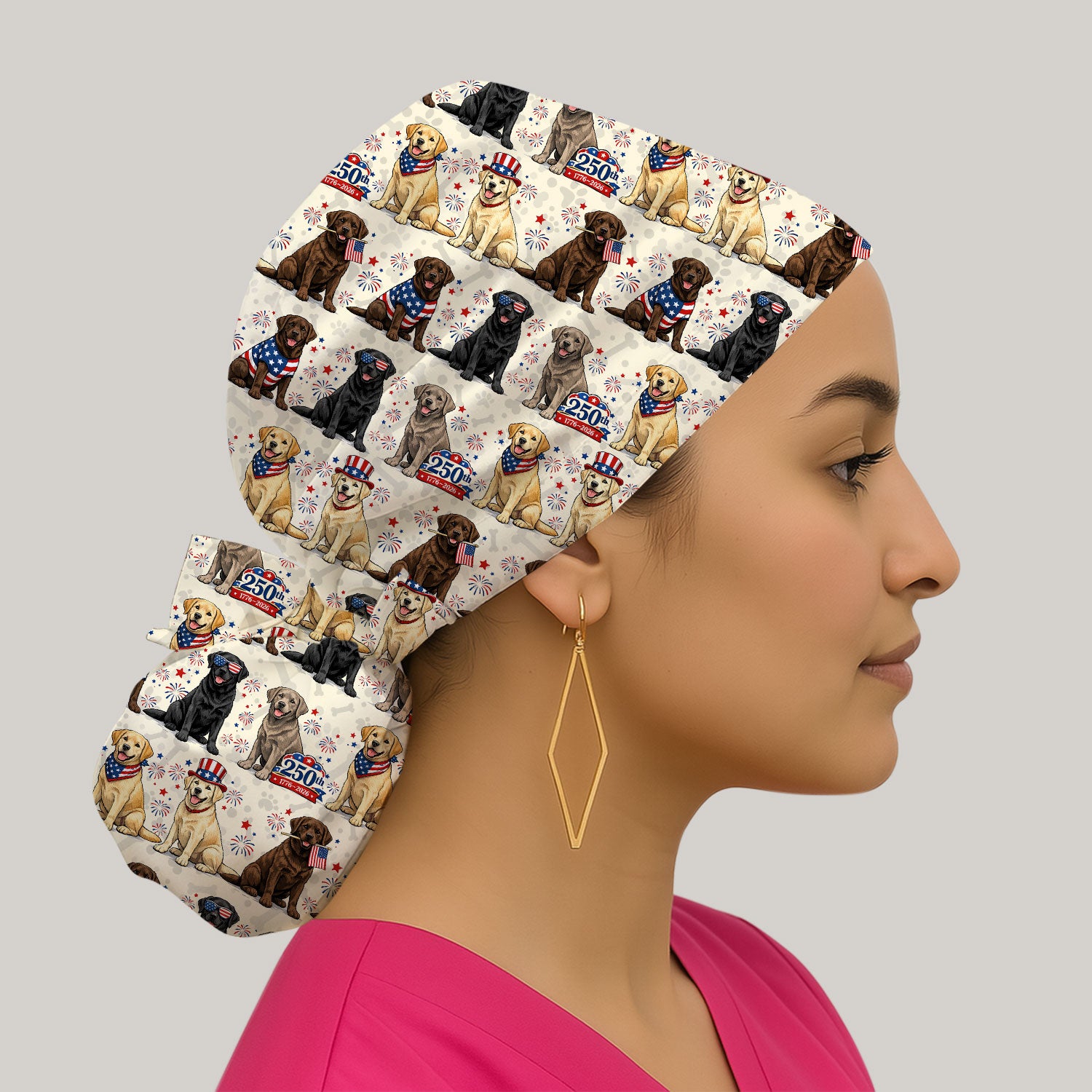 4th of July Labrador Dog Patriotic Print Cap, Bouffant Scrub Caps for Women