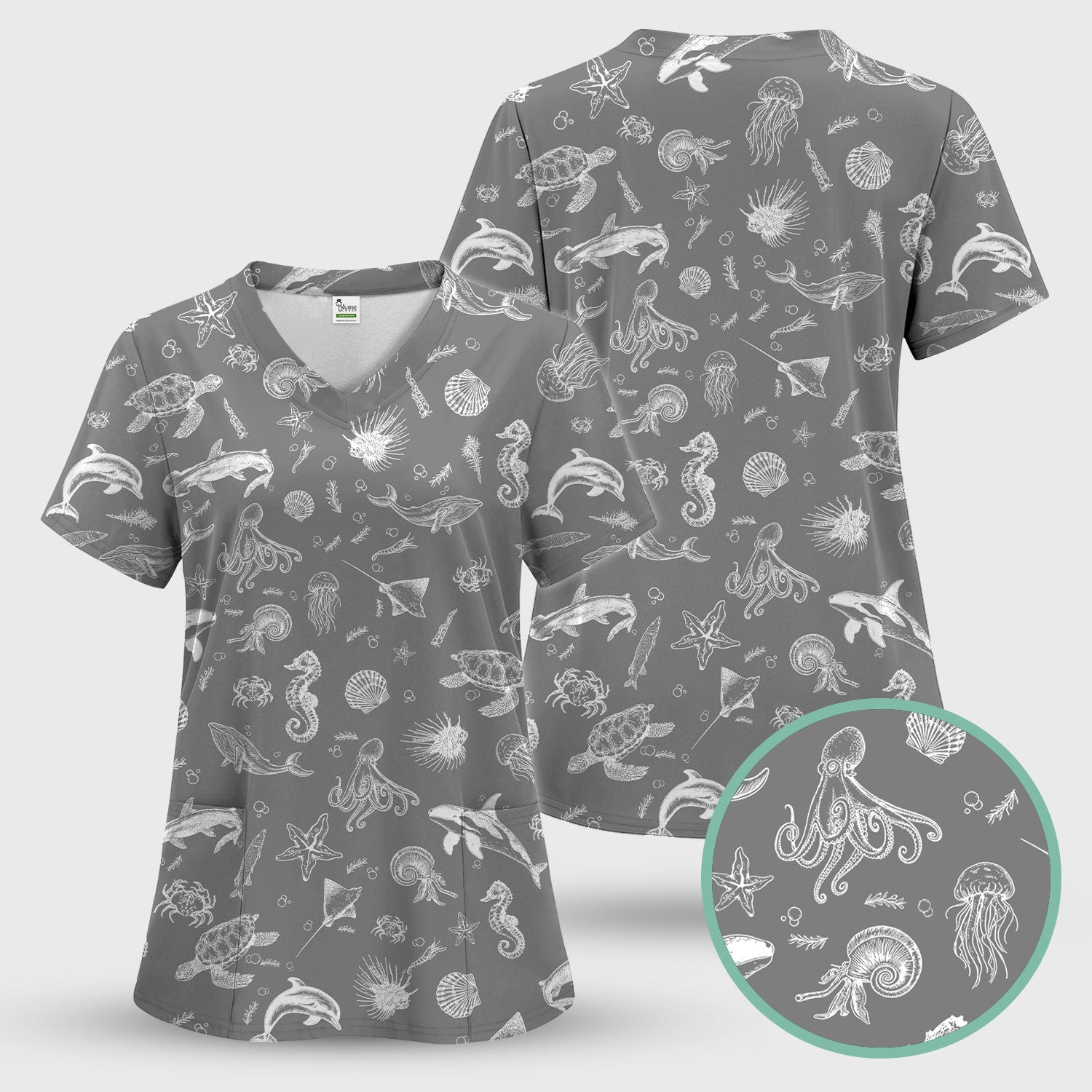 Marine Sea Life Pattern Scrub Top, Breathable Fabrics Nursing Uniform