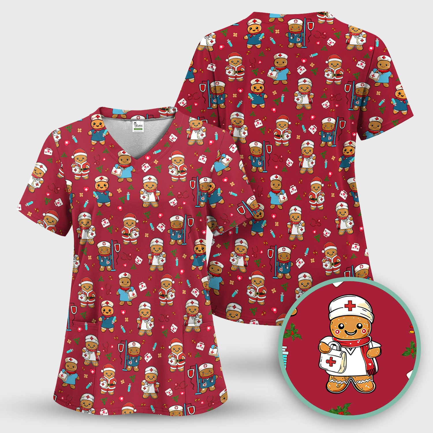 Christmas Gingerbread Nurse Scrub Top for Women - Cute Holiday Medical Uniform - Funny Shirt for RN LPN CNA Xmas Gift