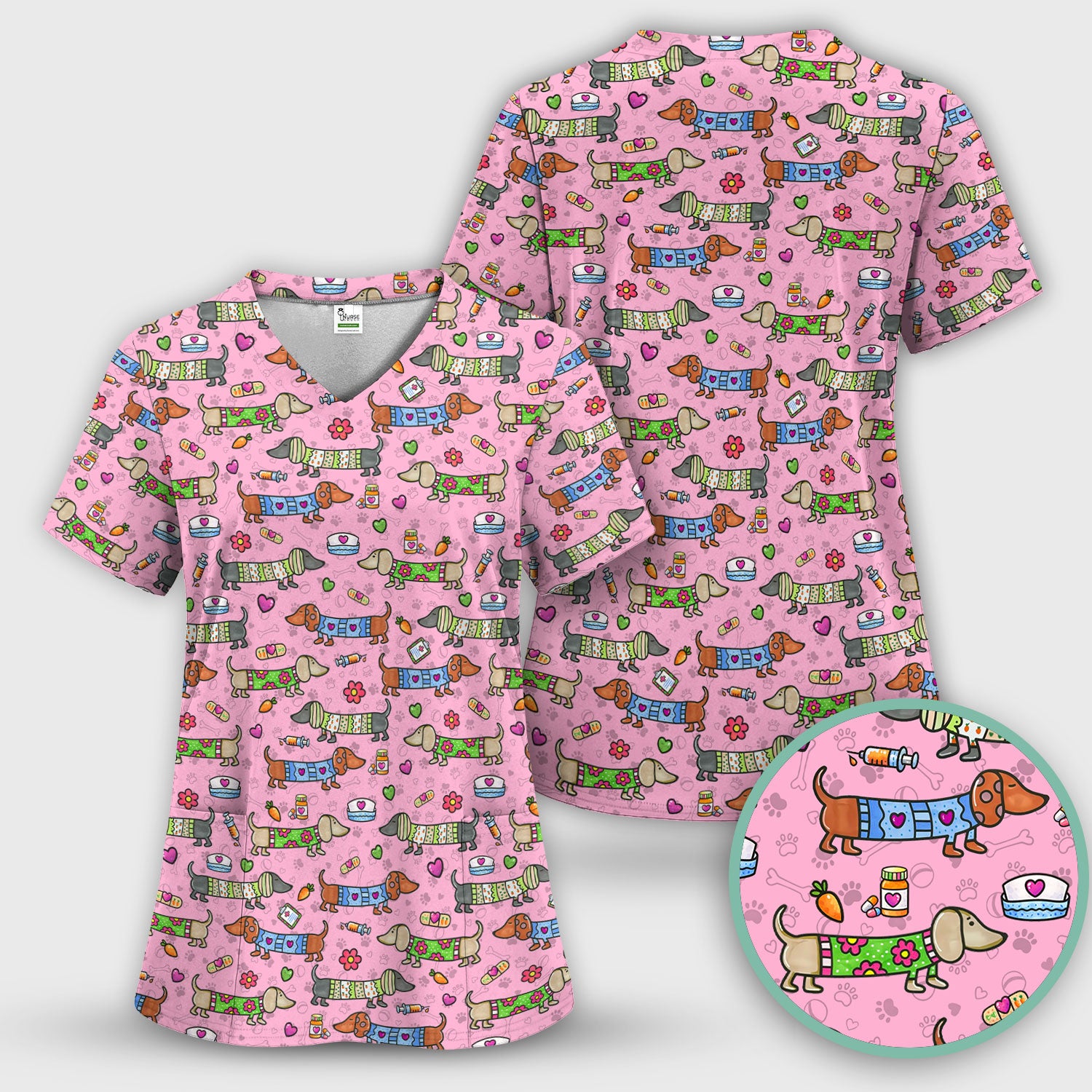 Cute Dachshund Nurse Scrub Top, Funny Wiener Dog Nursing Shirt, Breathable Fabrics Nursing Uniform