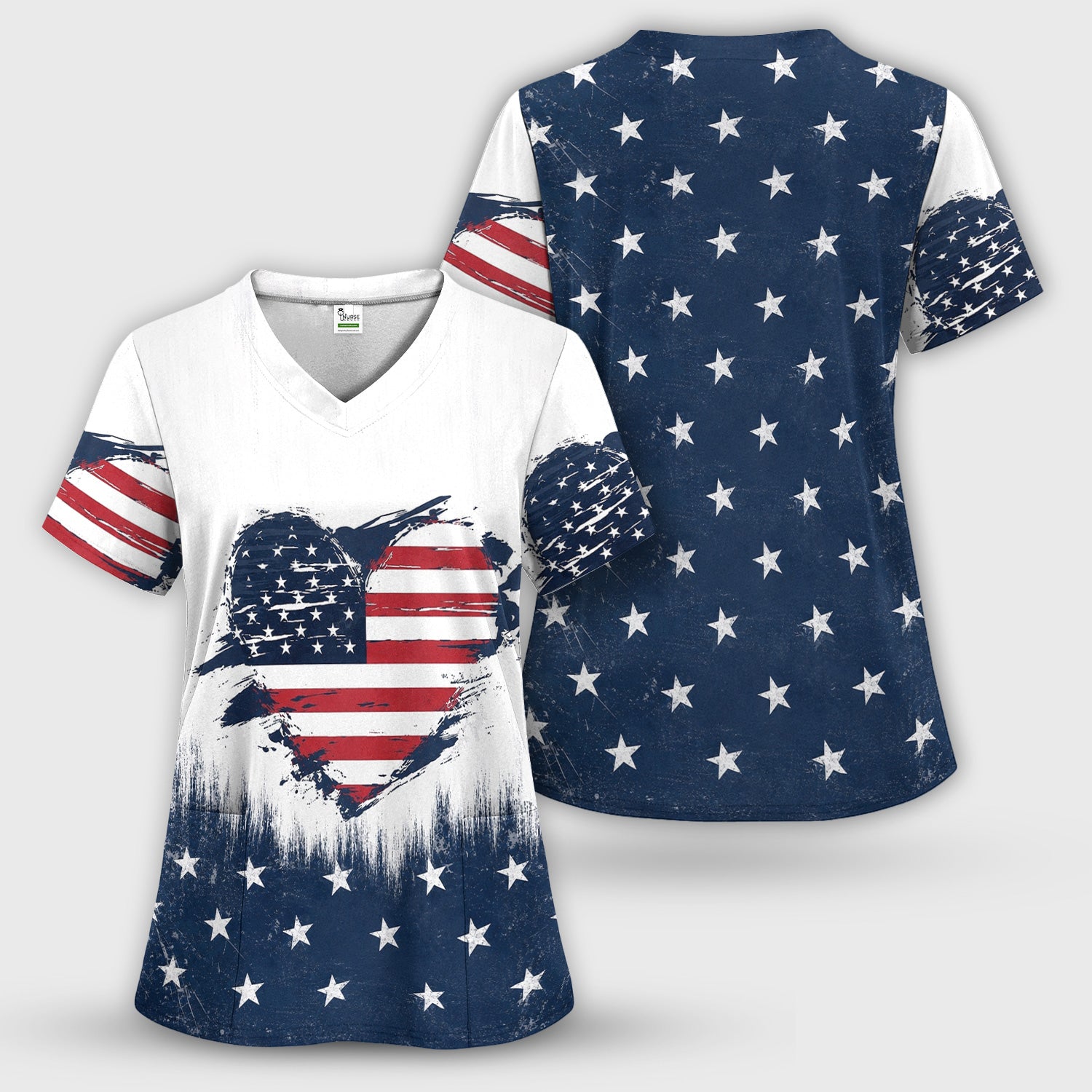 Patriotic Nurse Adorable Scrub Top USA Heart Pattern Scrub Set, Scrub Pants and V Neck Top