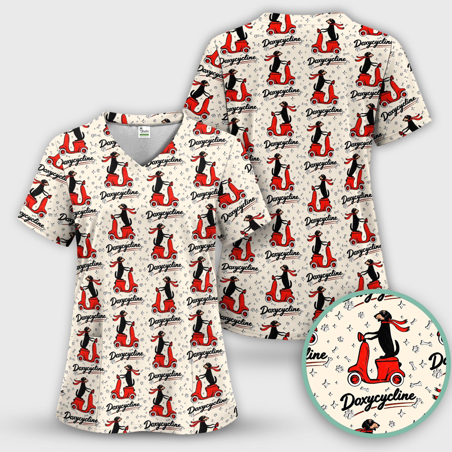 Funny Dachshund Riding Scooter Doxycycline Print Scrub Top ,Comfortable Scrubs for Nurses