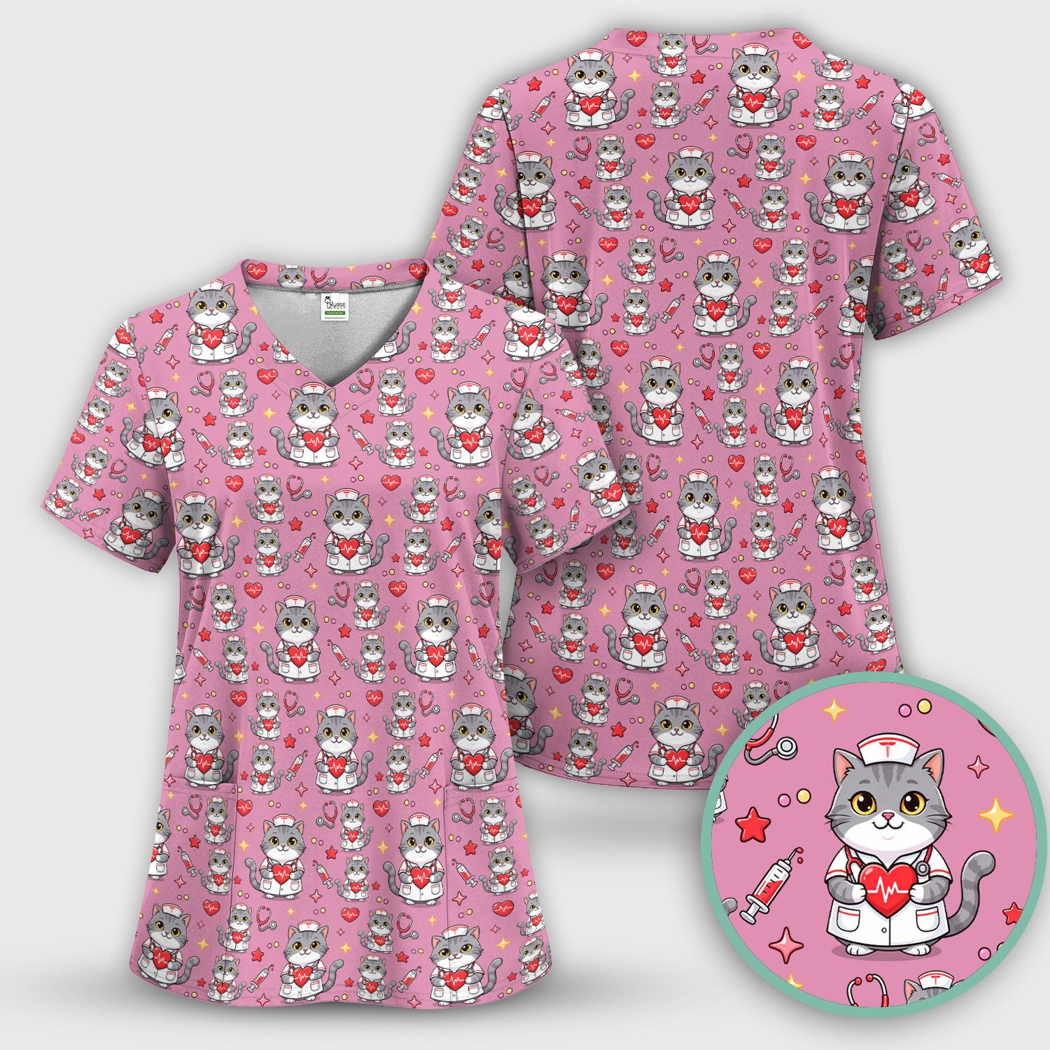 Cute Nurse Cat Heart Medical Print Scrub Top, Comfortable Scrubs for Nurses