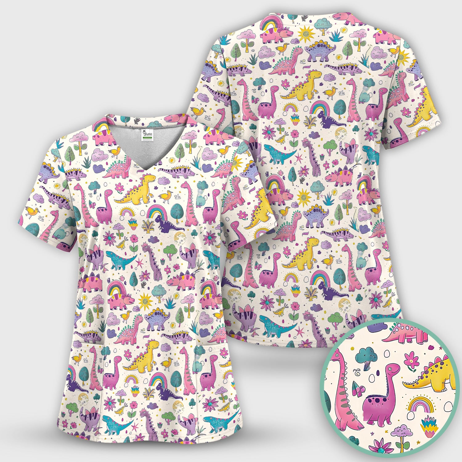 Cute Dinosaur Rainbow Pattern Scrub Set, Scrub Pants and V Neck Top