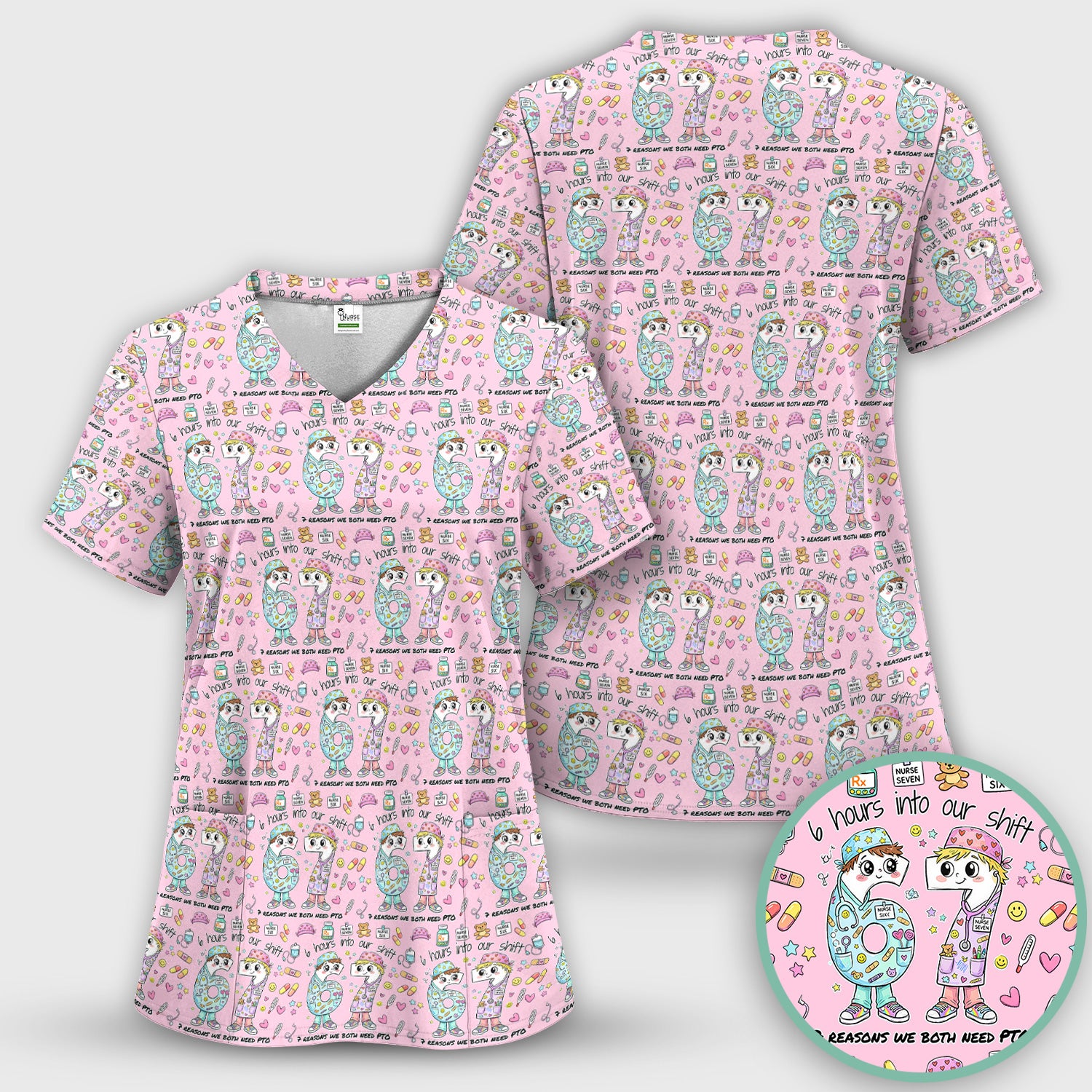 Cartoon Characters Six Hours Into Shift With Medical Doodle Scrub Set, Breathable Med Uniform