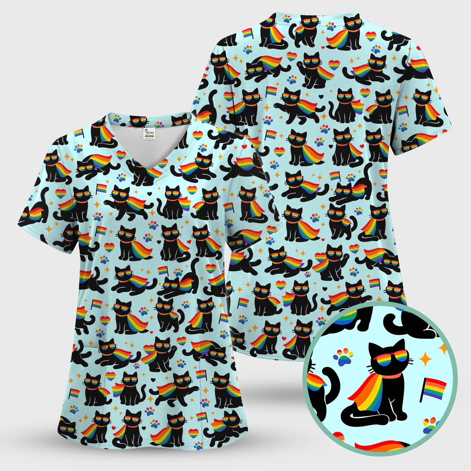 Rainbow Black Cat Pride Pattern Scrub Top, Breathable Fabrics Nursing Uniform