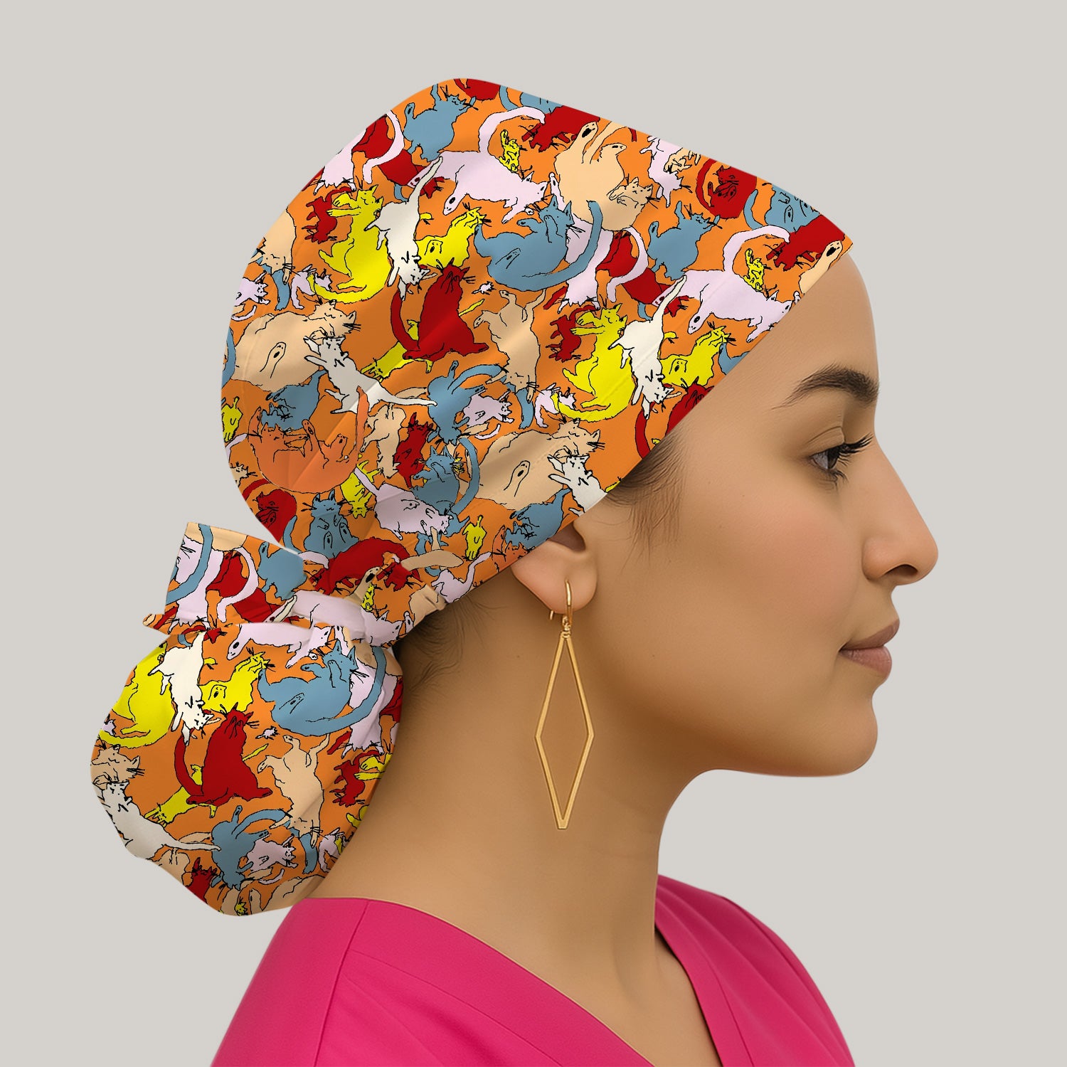 Colorful Cat Chaos Illustration Pattern Nurse Scrub Cap, Surgical Caps for Doctors