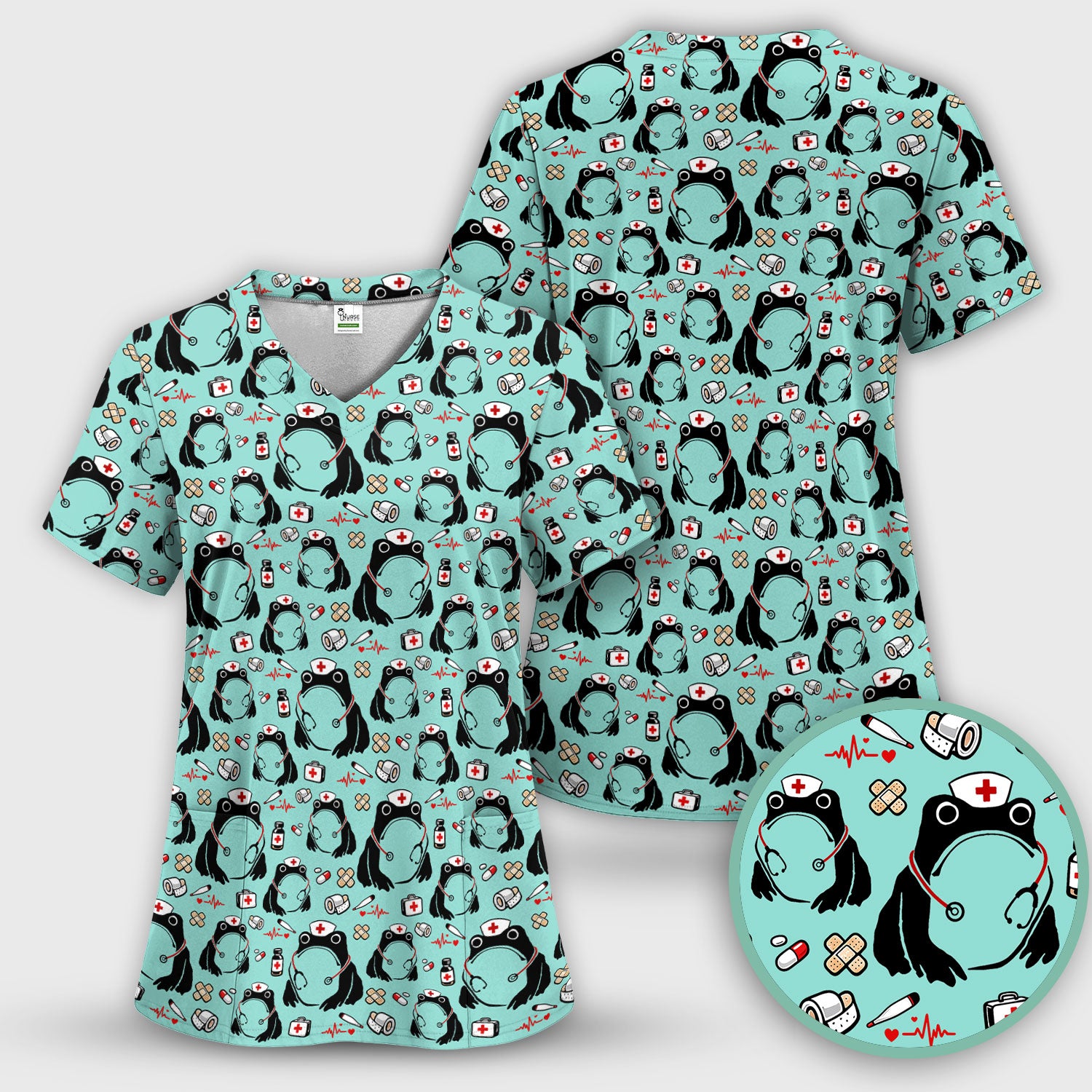 Cute Frog Nurse Medical Print Scrub Top, Comfortable Scrubs for Nurses