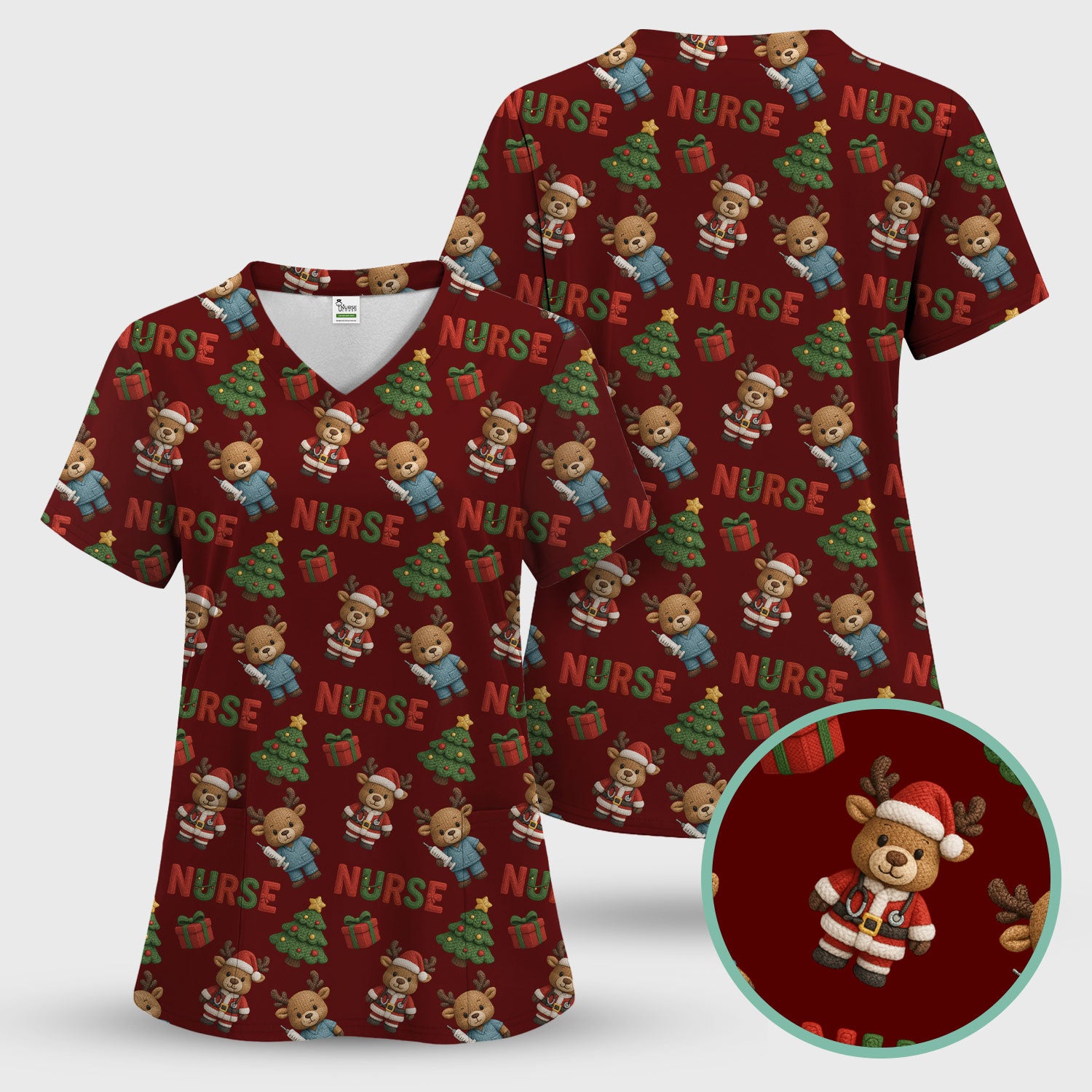 Reindeer Christmas Scrub Top, Cute Holiday Nurse Scrub Shirt, Festive Pattern Nursing Uniform