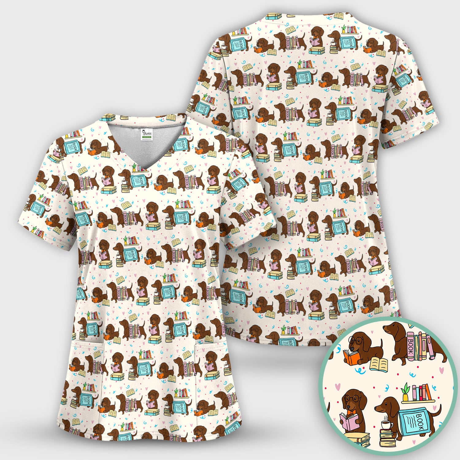 Cute Bookish Dachshund Reading Scrub Top, Comfortable Scrubs for Nurses