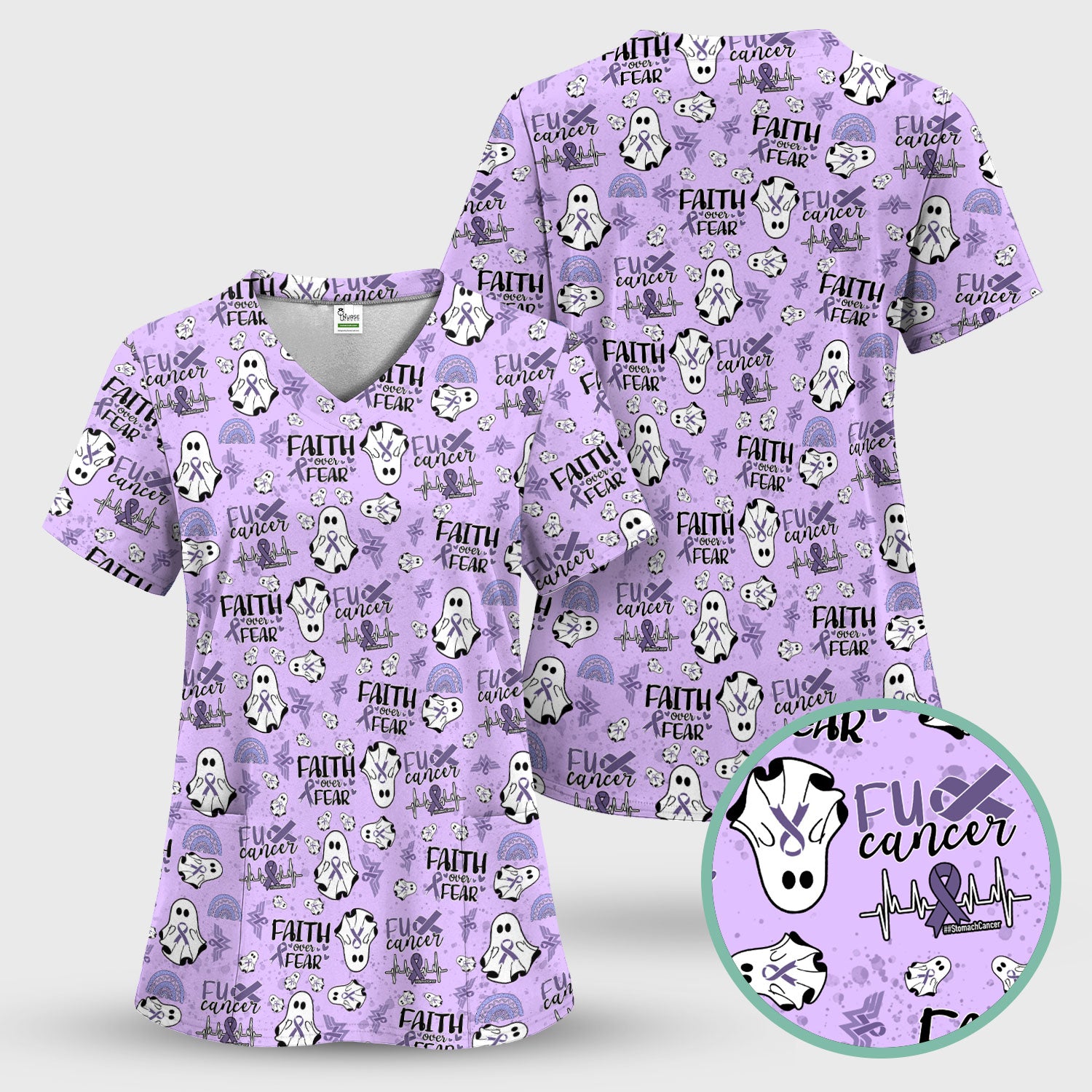 Periwinkle Ribbon Stomach Cancer Scrub Top - Awareness Nurse Shirt - November Warrior Survivor Medical Uniform Gift