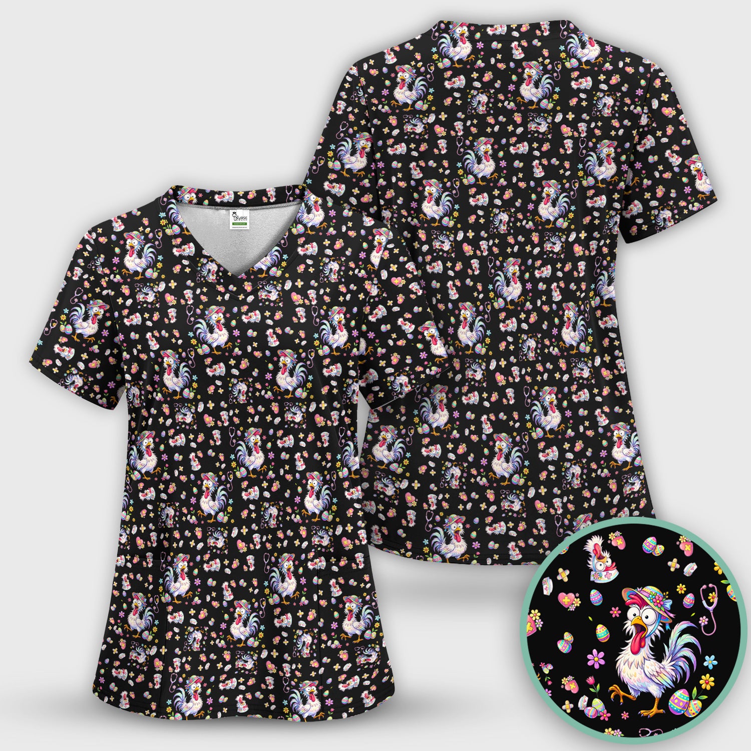 Funny Easter Nurse Chicken Pattern Scrub Top, Comfortable Scrubs for Nurses