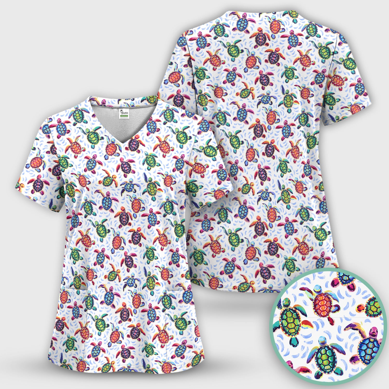 Colorful Sea Turtle Wave Pattern Scrub Top, Comfortable Scrubs for Nurses