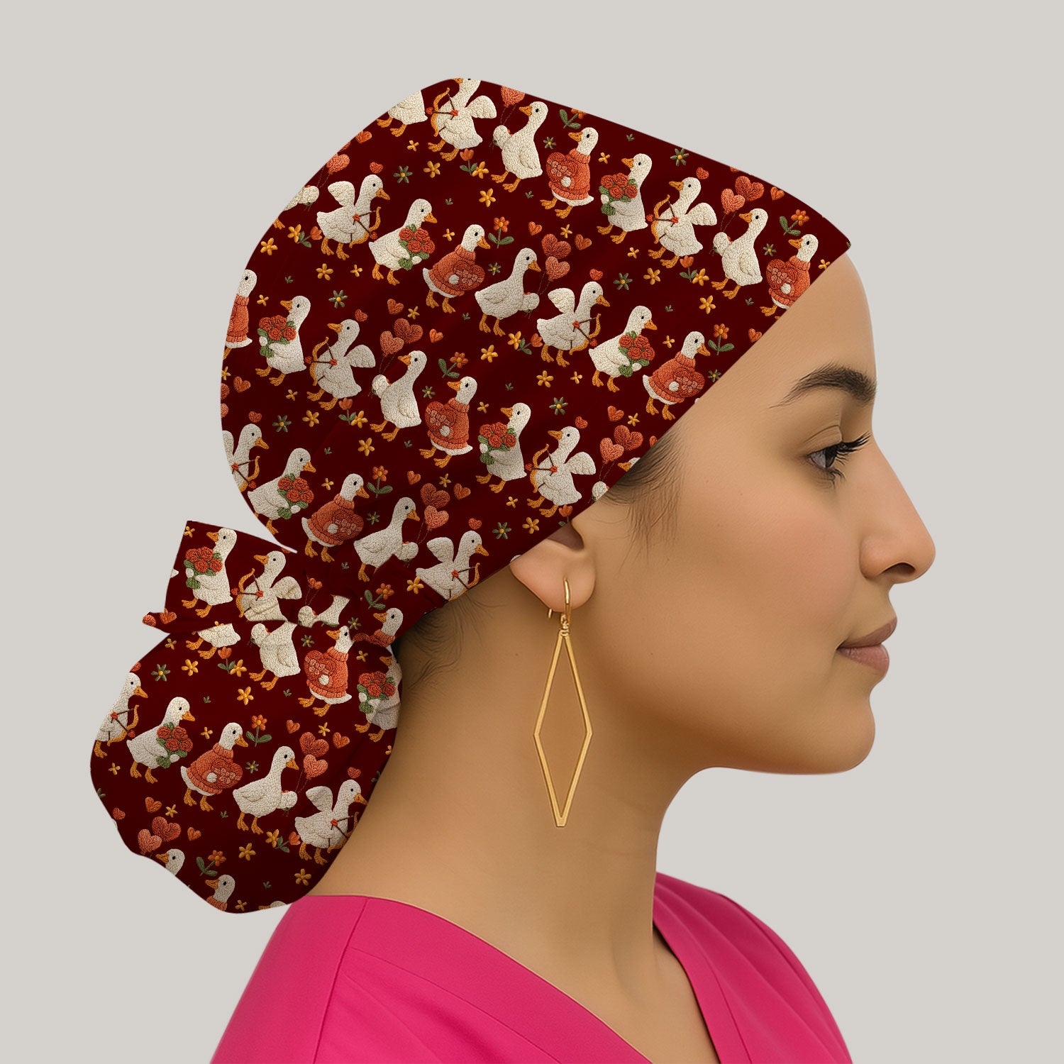 Cute Goose Nurse Scrub Cap, Valentine Farm Medical Pattern Hat, Breathable Fabrics Nursing Uniform