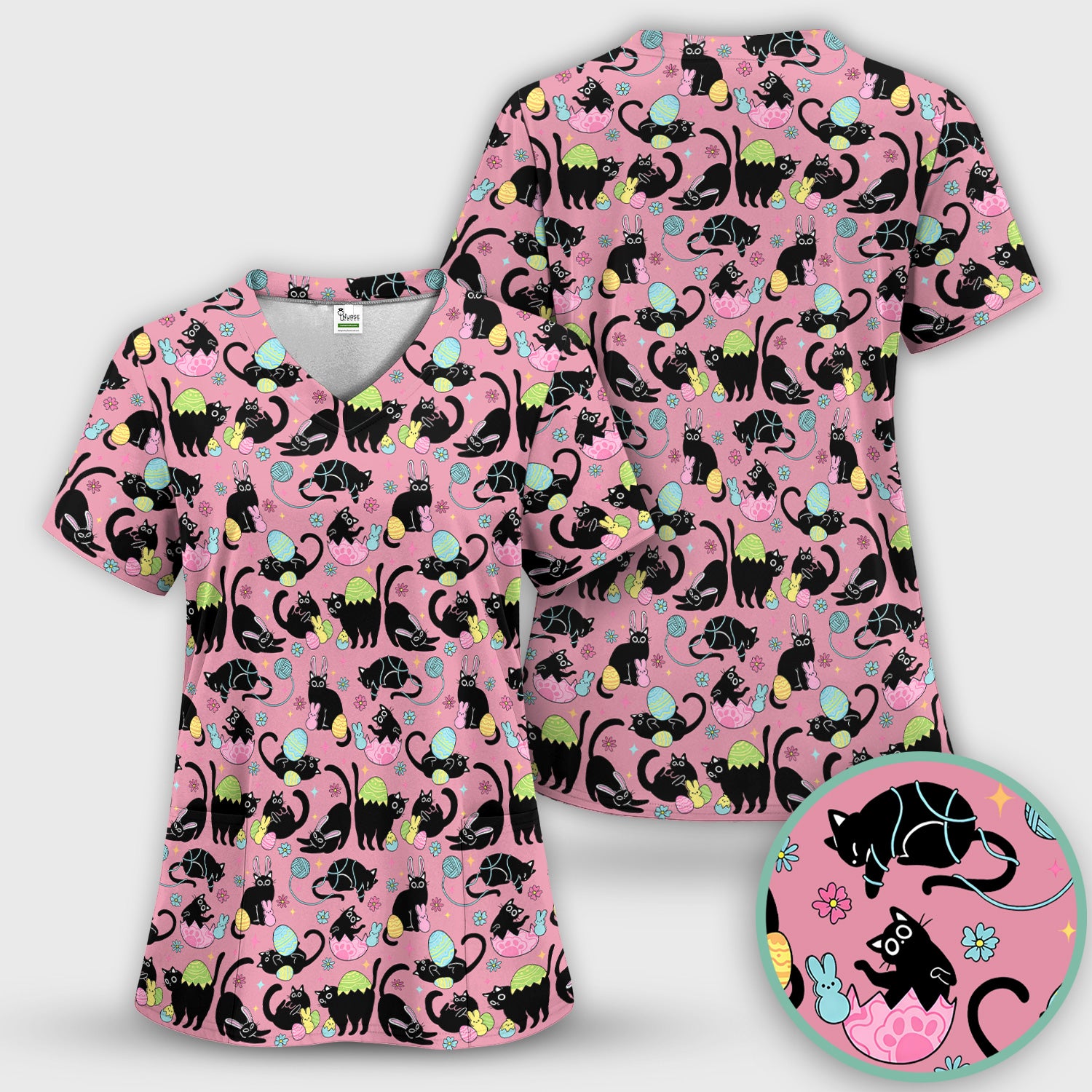 Funny Easter Black Cat Egg Pattern Scrub Top, Breathable Fabrics Nursing Uniform