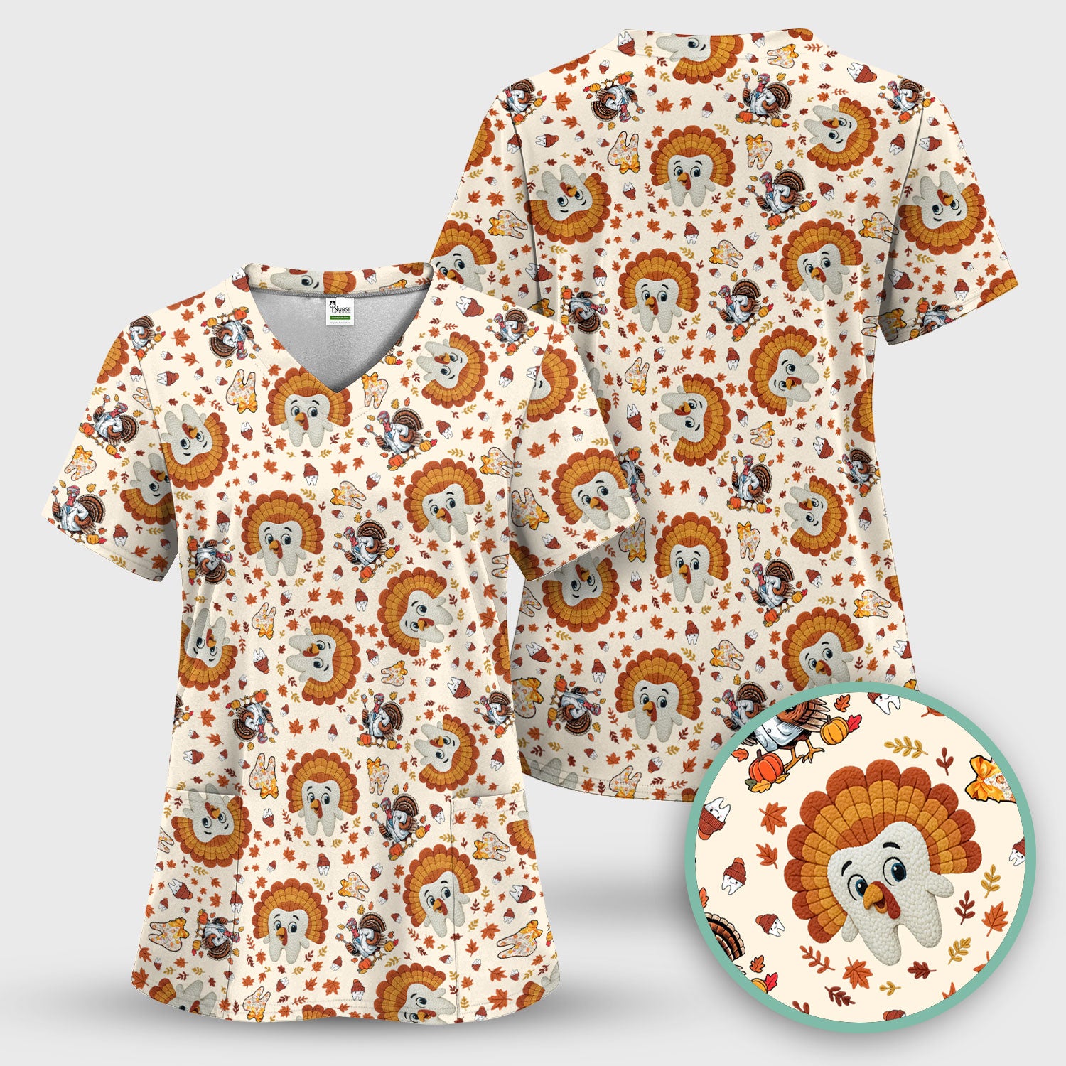Funny Thanksgiving Tooth Scrub Top - Cute Turkey Dental Nurse Shirt - Fall Medical Uniform for Hygienists & Nurses