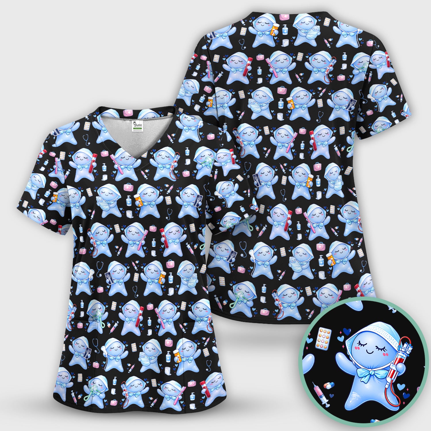 Cute Tooth Character Dental Tools Caring Pattern Scrub Set, Breathable Med Uniform