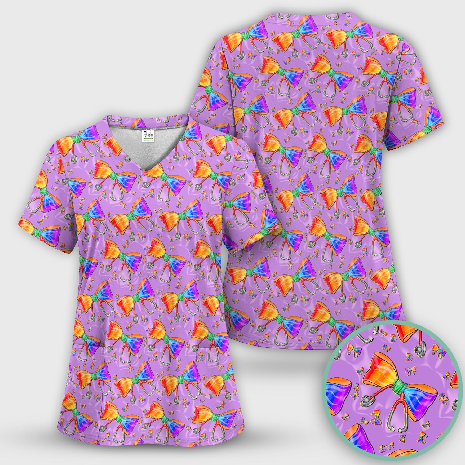 Colorful Rainbow Bow Stethoscope Pattern Scrub Top, Breathable Fabrics Nursing Uniform