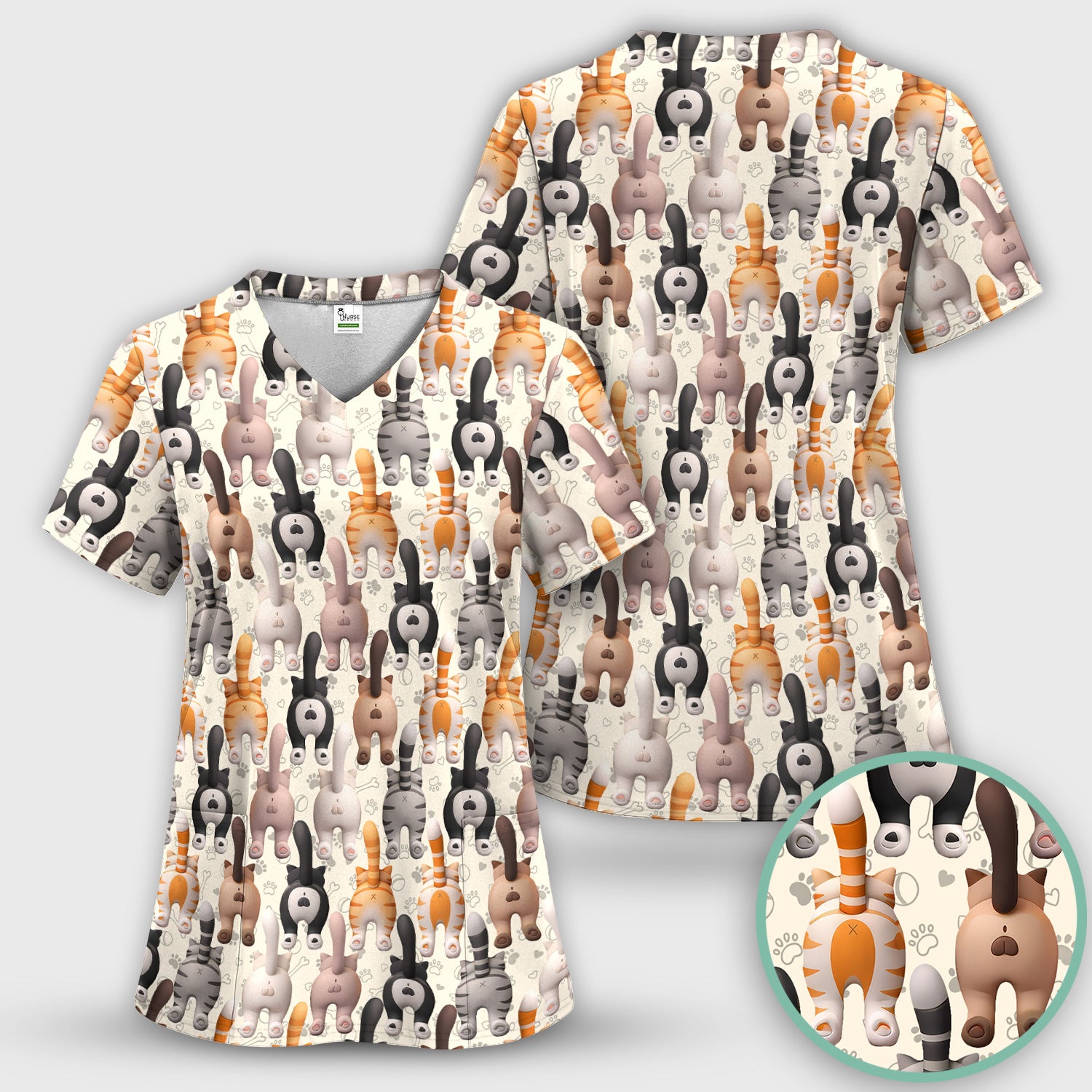 Funny Cat Butt Paw Print Pattern Scrub Set, Nurse Uniform Scrubs Set