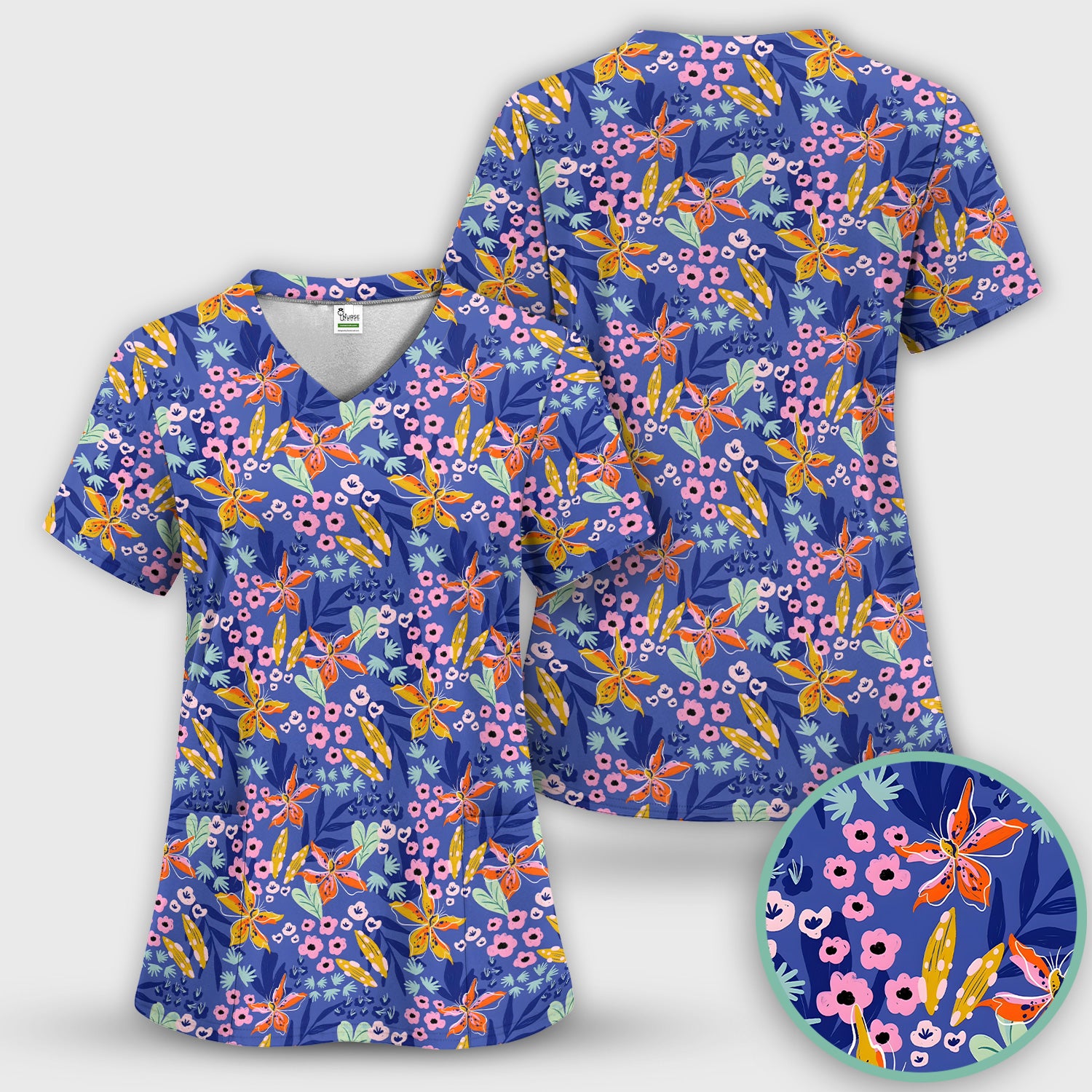 Nurse Blue Lily Floral Garden Pattern Scrub Set, Scrub Pants and V Neck Top