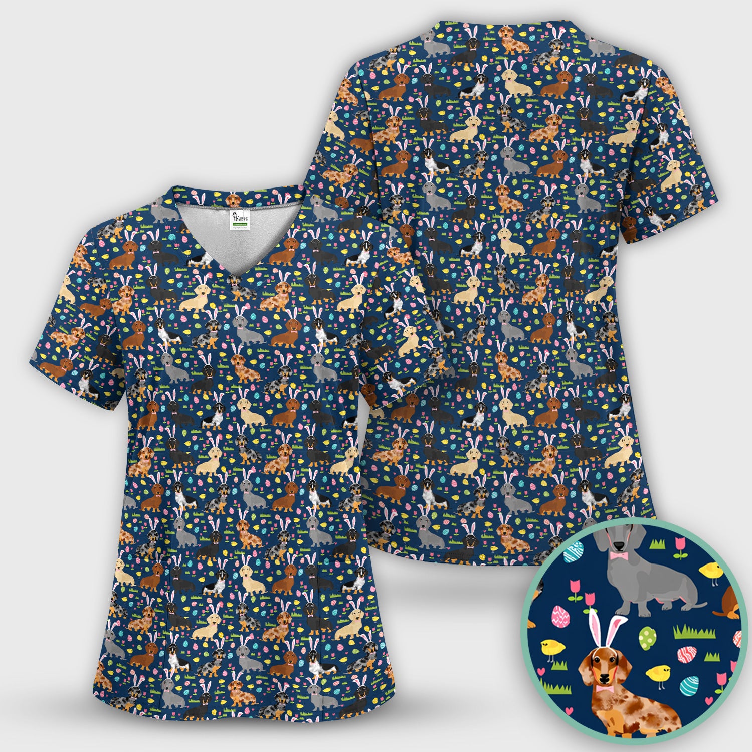 Easter Dachshund Dog Pattern Scrub Top, Comfortable Scrubs for Nurses